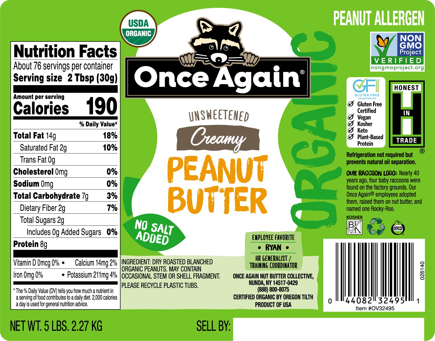 Once Again Organic Creamy Peanut Butter, 5lb Bulk Jar - Salt Free, Unsweetened, USDA Organic, Gluten Free, Vegan & Kosher Certified - Perfect for Smoothies, Baking & Healthy Snacks