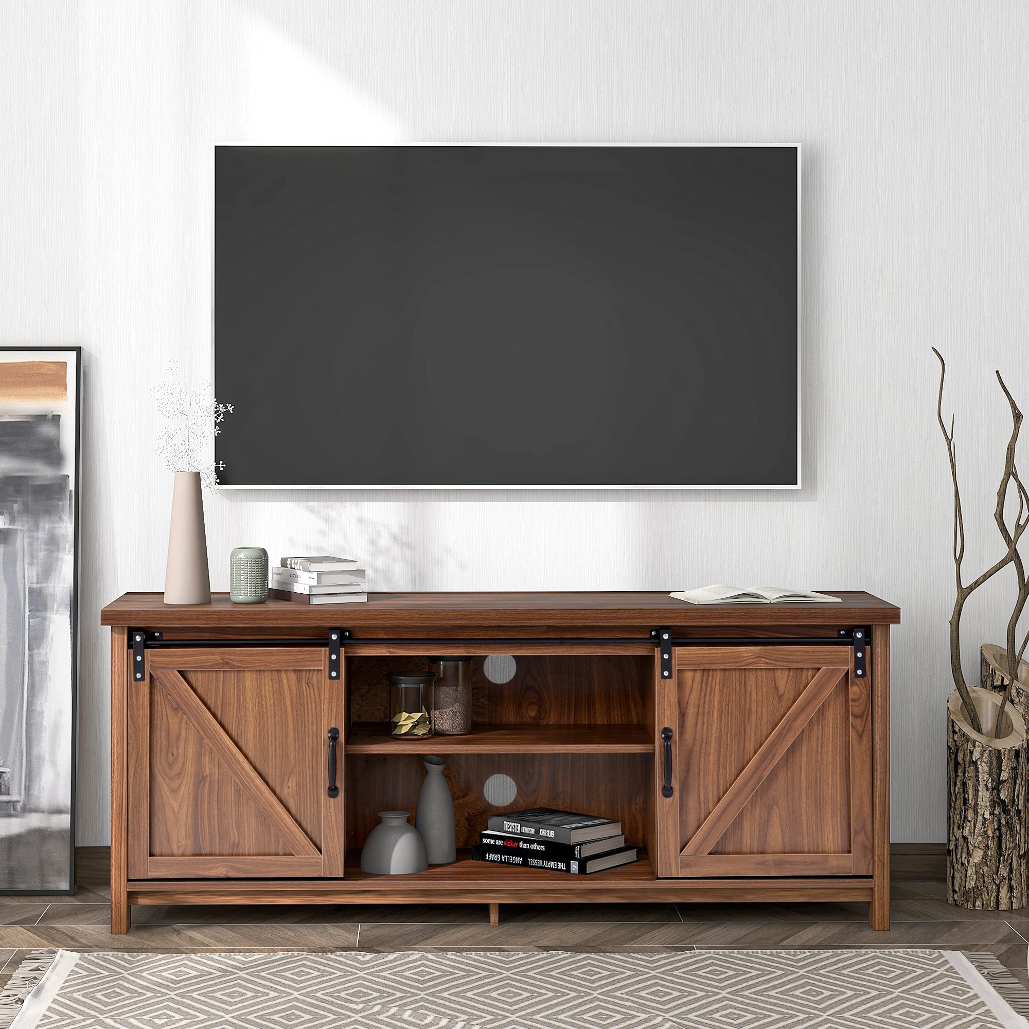 Modern Farmhouse TV Stand with Sliding Barn Doors - 65 Inch Entertainment Center Console with Storage Cabinet, 58