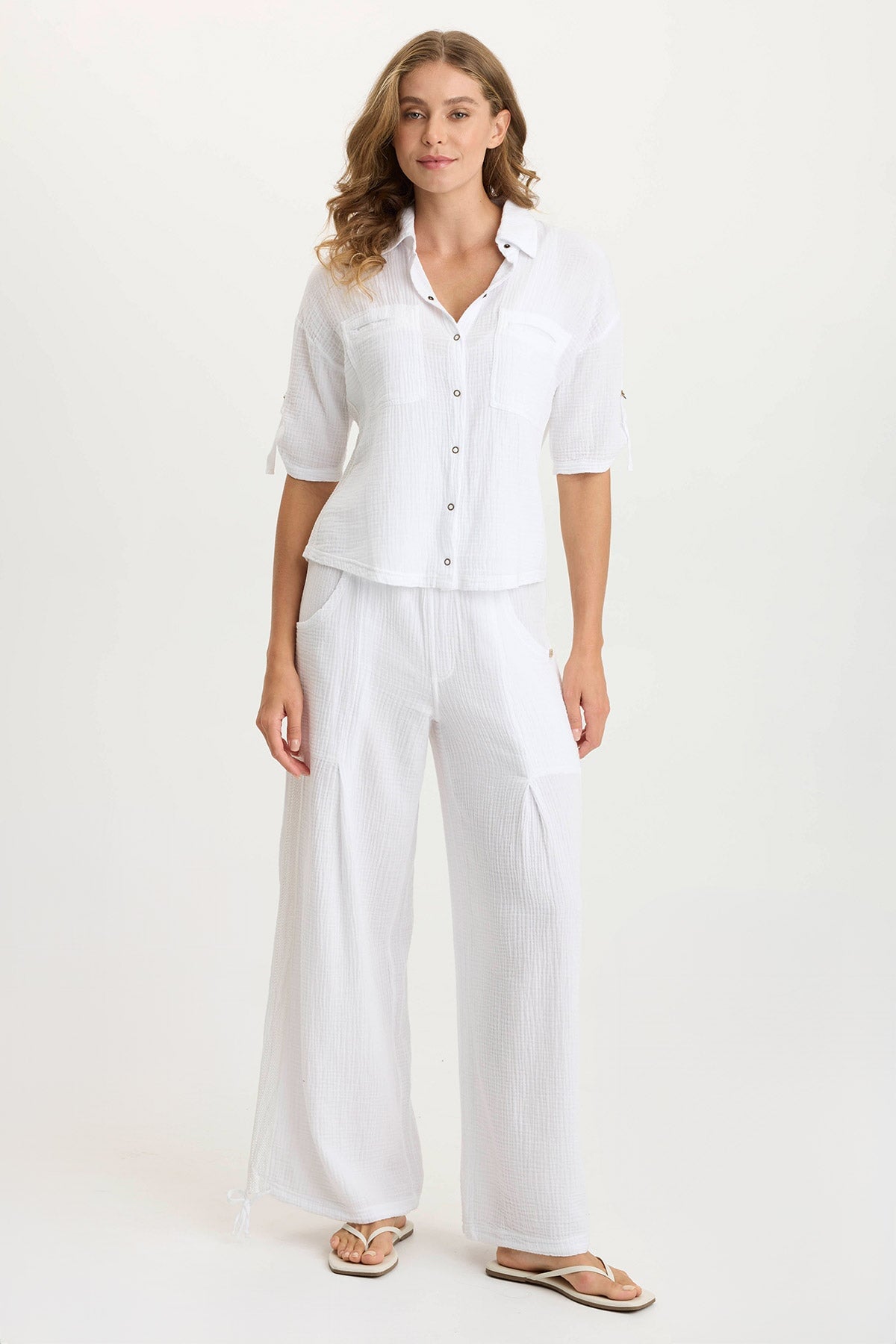 Maurise Women's Gauze Jersey Tabbed Sleeve Snap Up Top - Casual Summer Blouse for Beach, Vacation & Everyday Wear