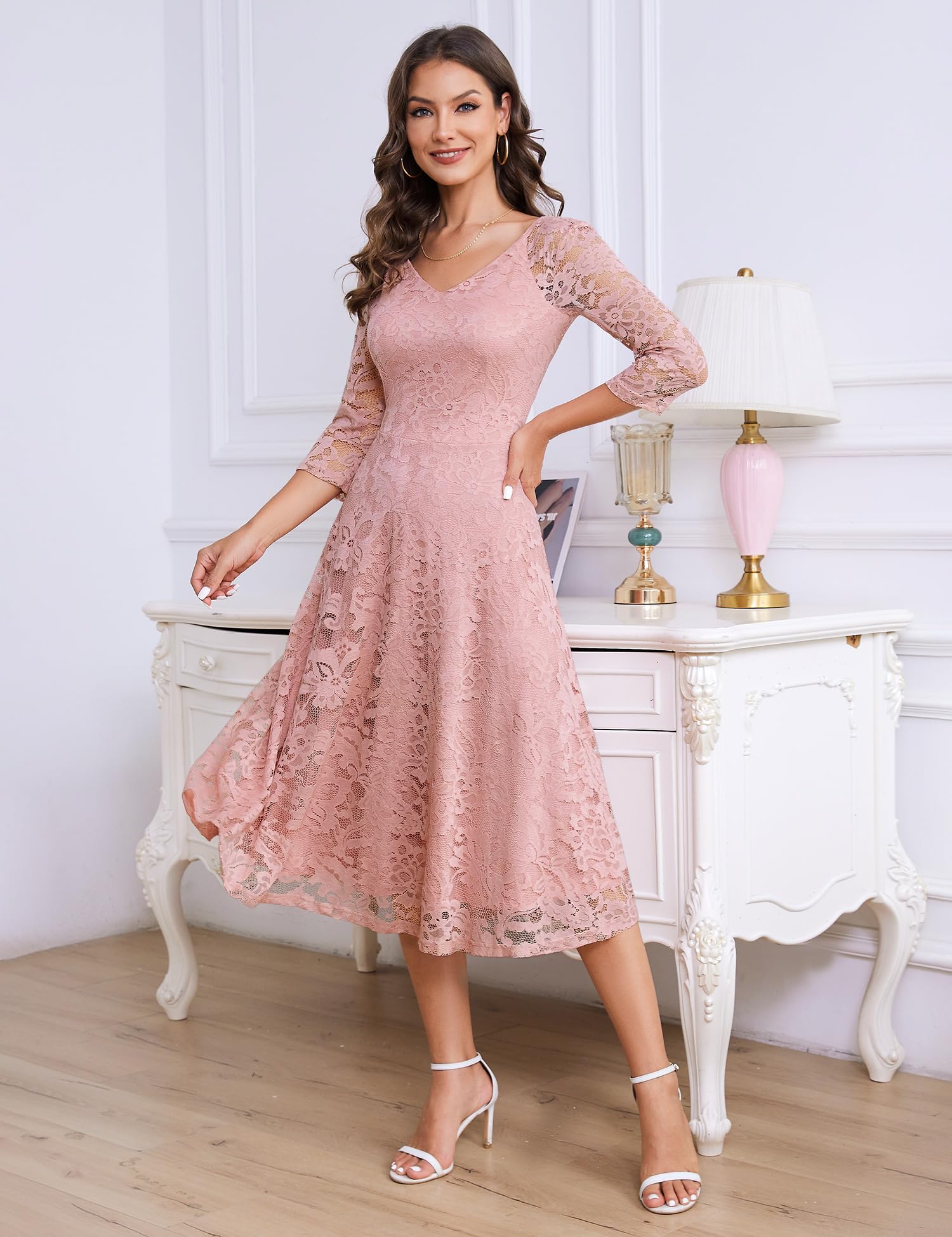 Elegant Long-Sleeve Lace Wedding Guest Dress for Women - A-Line Formal Cocktail Party Midi Gown | Perfect for Prom, Bridal Showers & Evening Events