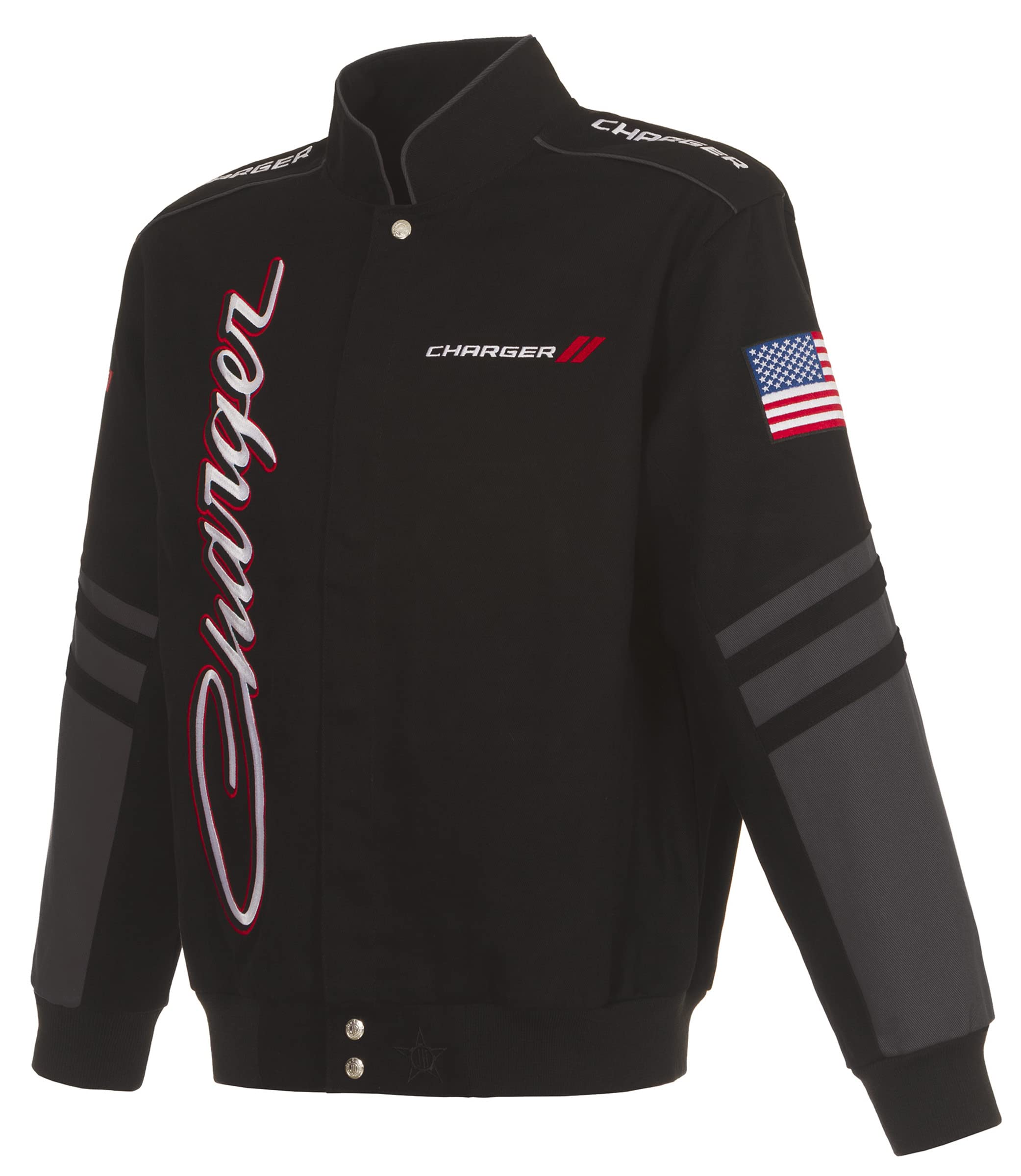 JH DESIGN GROUP Men's Dodge Charger Embroidered Classic Twill Jacket - Vintage Racing Style Coat for Car Enthusiasts & Motorcycle Riders