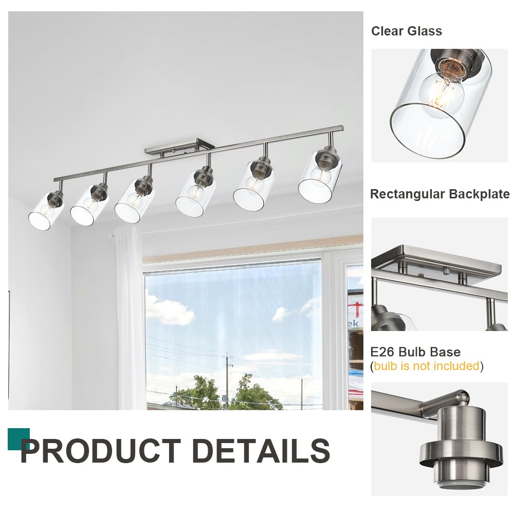 6-Light Brushed Nickel Track Lighting Fixture with Clear Glass Shade - Modern Semi-Flush Ceiling Spot Light for Bathroom Vanity, Mirror Cabinets, Kitchen & Living Room - Perfect for Ambient and Task Lighting in Home & Office Spaces