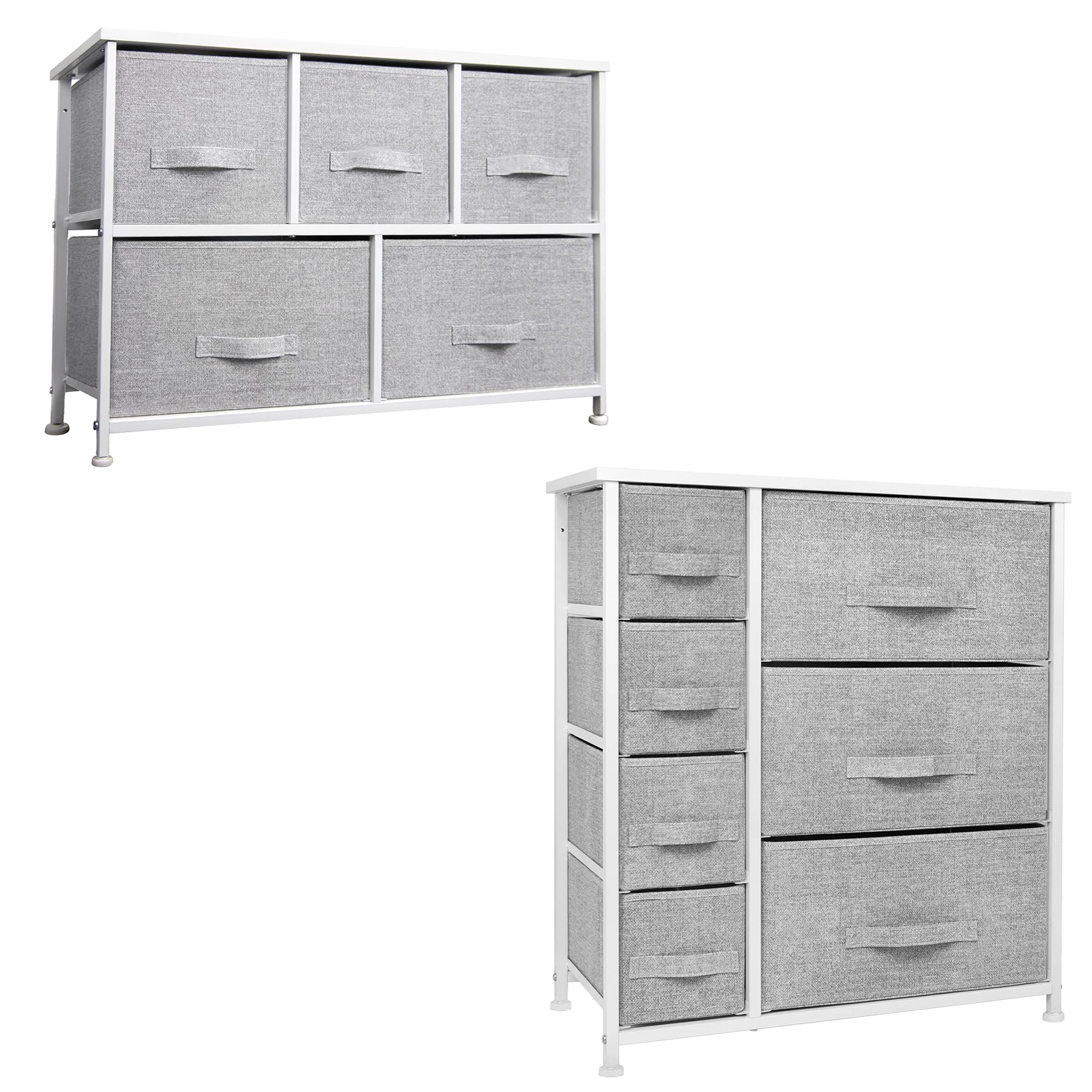 CONNOO 5-Drawer + 7-Drawer Dresser Organizer | Sturdy Steel Frame & Wooden Top Storage Tower | Easy Pull Fabric Bins in Gray/White | Perfect for Bedroom, Closet, Nursery & Entryway Organization