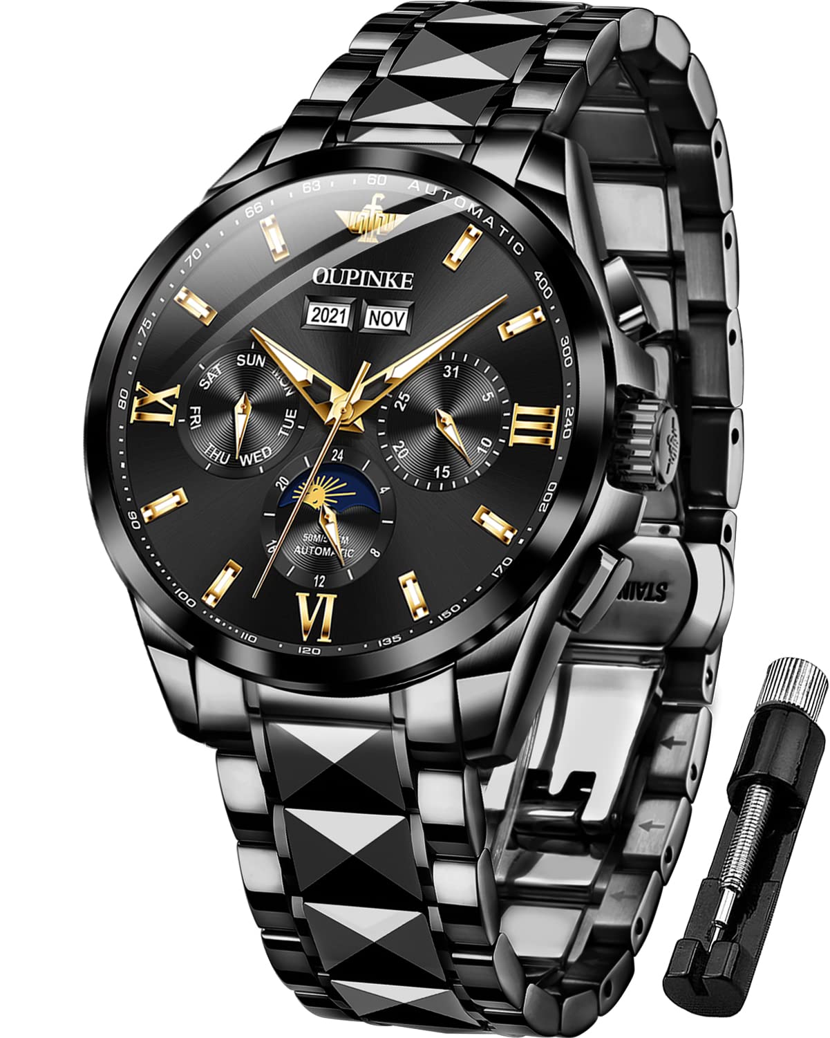Original OUPINKE Men's Automatic Watch - Luxury Sapphire Crystal, Self-Winding Moon Phase, Luminous & Waterproof - Business Casual Wristwatch for Office, Dating & Formal Events