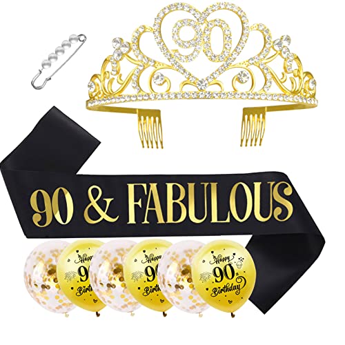 SKJIAYEE 90th Birthday Tiara & Sash Set - '90 & FABULOUS' Black Birthday Sash with Gold Rhinestone Crown for Women's 90th Birthday Party Decorations - Perfect for Milestone Celebrations, Senior Birthday Parties & Photo Props