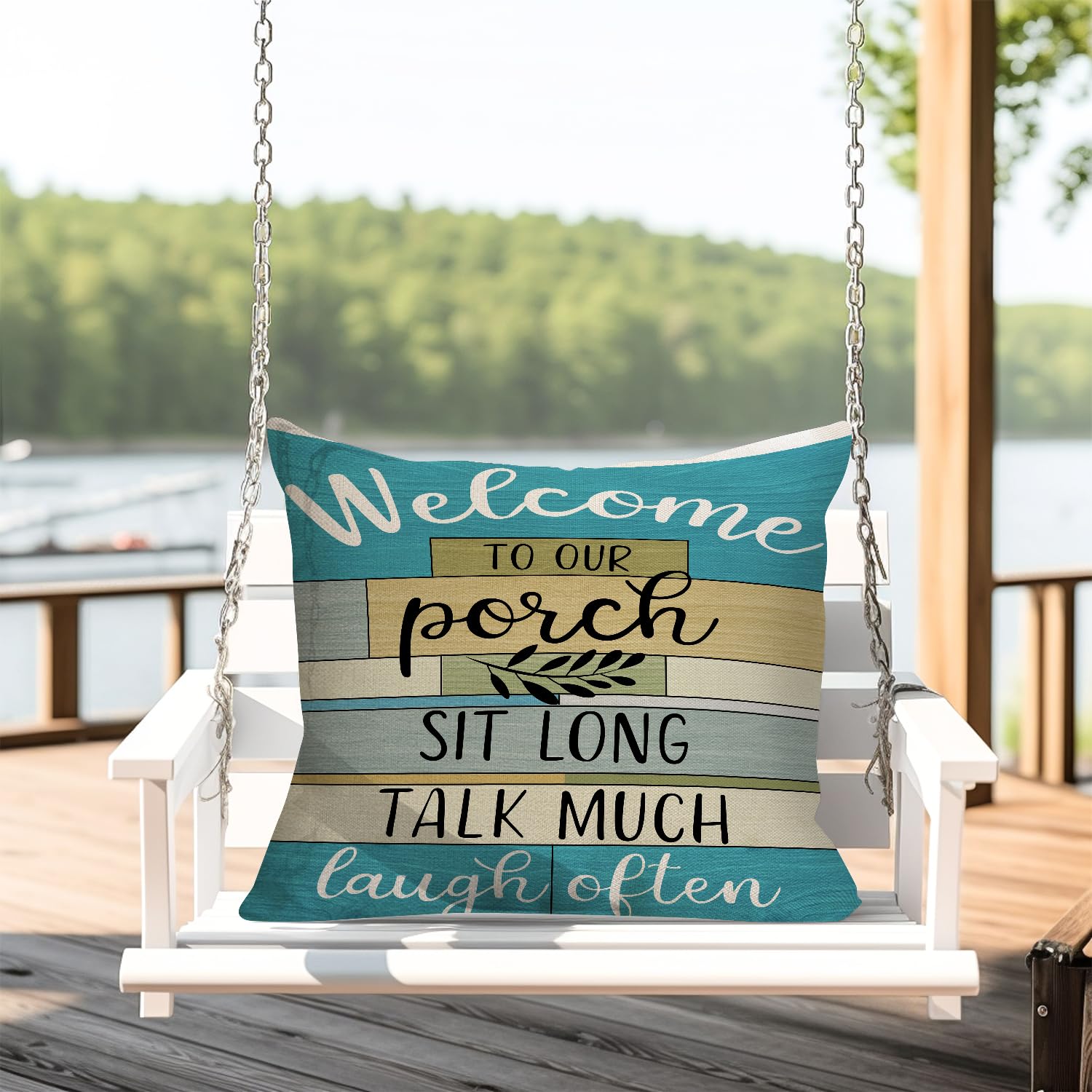 Waterproof Outdoor Pillow Covers 18x18 Inch - Turquoise Woodgrain Stripe Decorative Cushion Covers for Patio Furniture (Set of 2) - Perfect for Lake House Porch, Garden, and Backyard Decor