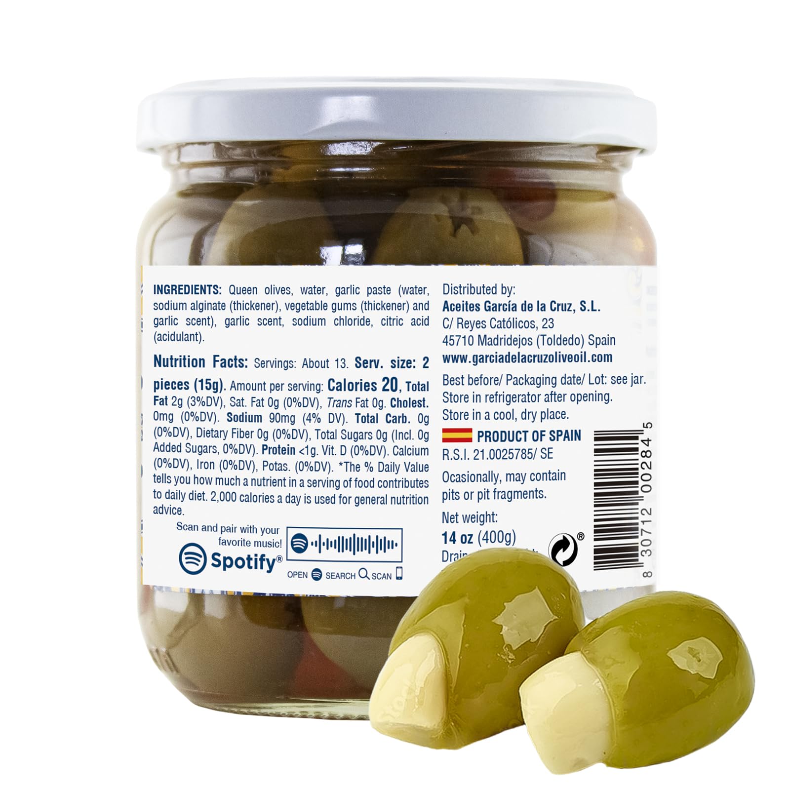 Premium Spanish Garlic Stuffed Queen Olives - Gourmet Stuffed Olives for Charcuterie Boards, Salads & Cocktails - 100% Natural Imported Olives
