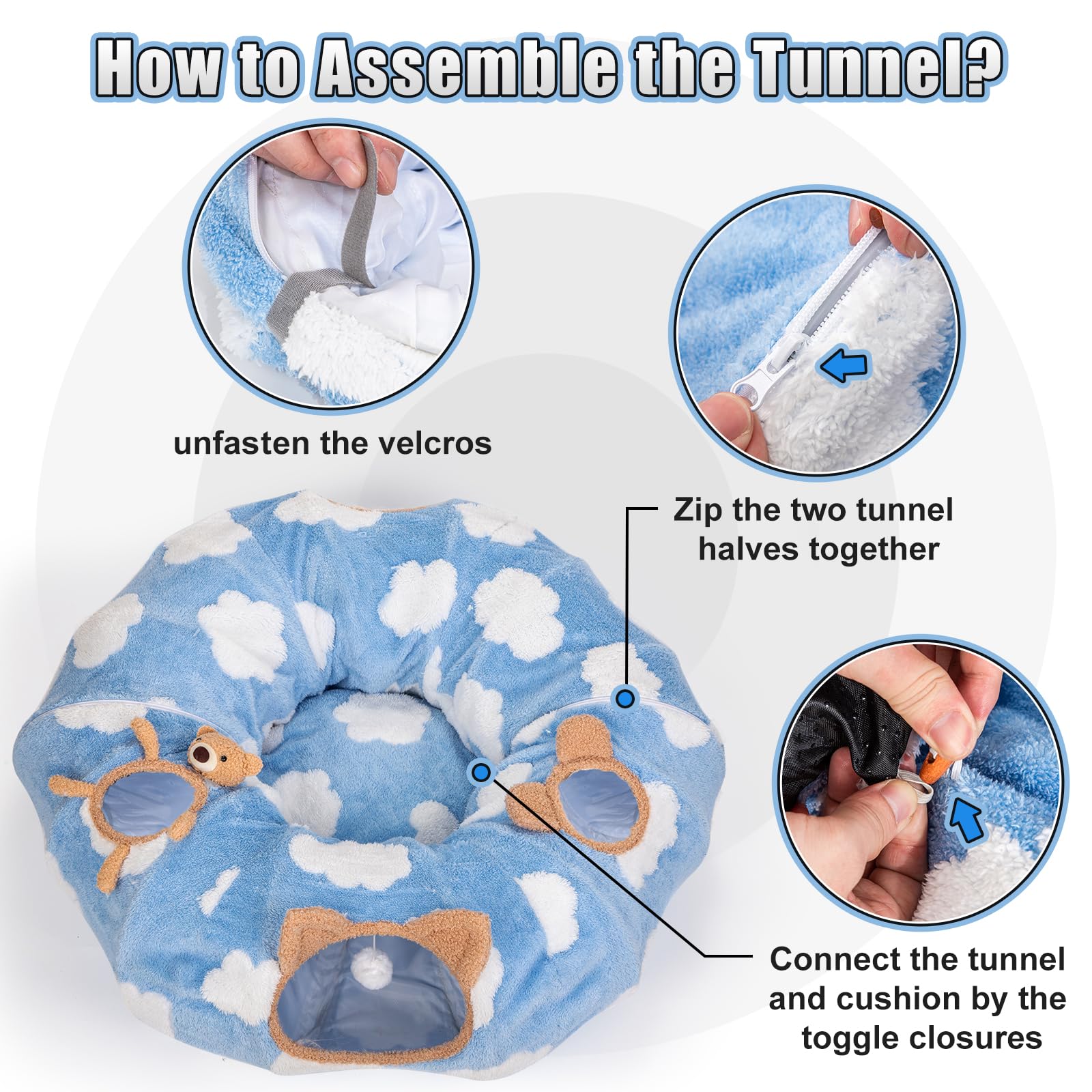 Washable Cat Tunnel Bed with Circle Cushion - Multifunctional Peekaboo Cat Cave & Donut Tube for Indoor Cats, Kittens, Puppies, Rabbits & Ferrets (Sky Blue) - Perfect for Playtime, Napping & Hide-and-Seek Games