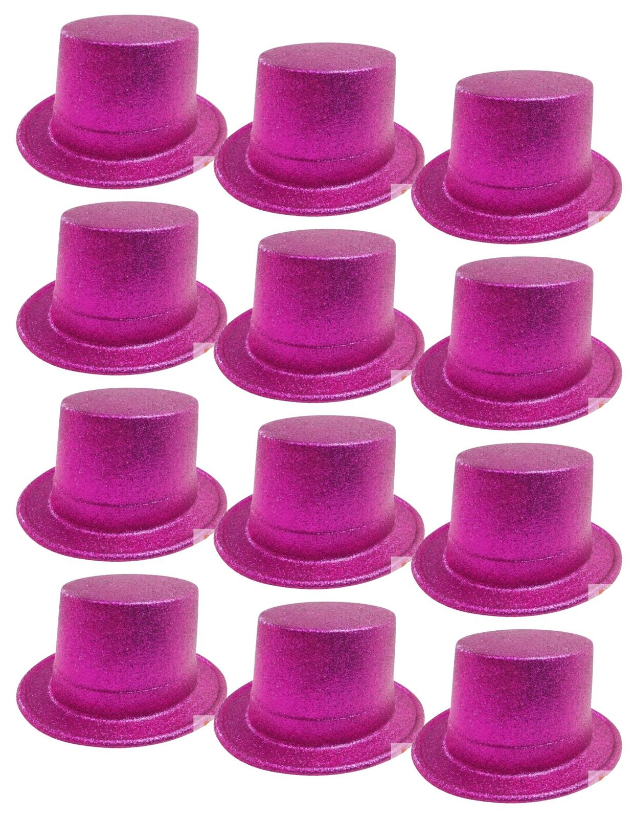 12 Pack Glitter Top Hats - Fancy Party Costume Accessories, Plastic Tall Hats for Dress Up, Bulk Hot Pink Hats for Halloween, Christmas, Bachelorette Parties & Costume Events