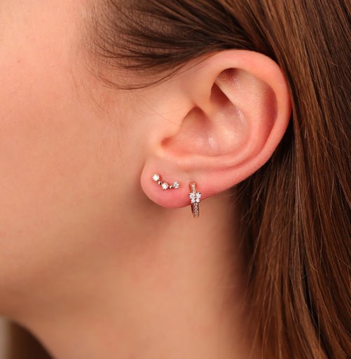 18K White Gold Three Stone Diamond Bezel Ear Climber Earrings - Elegant Dangle Earrings for Women, Perfect for Weddings, Parties & Special Occasions