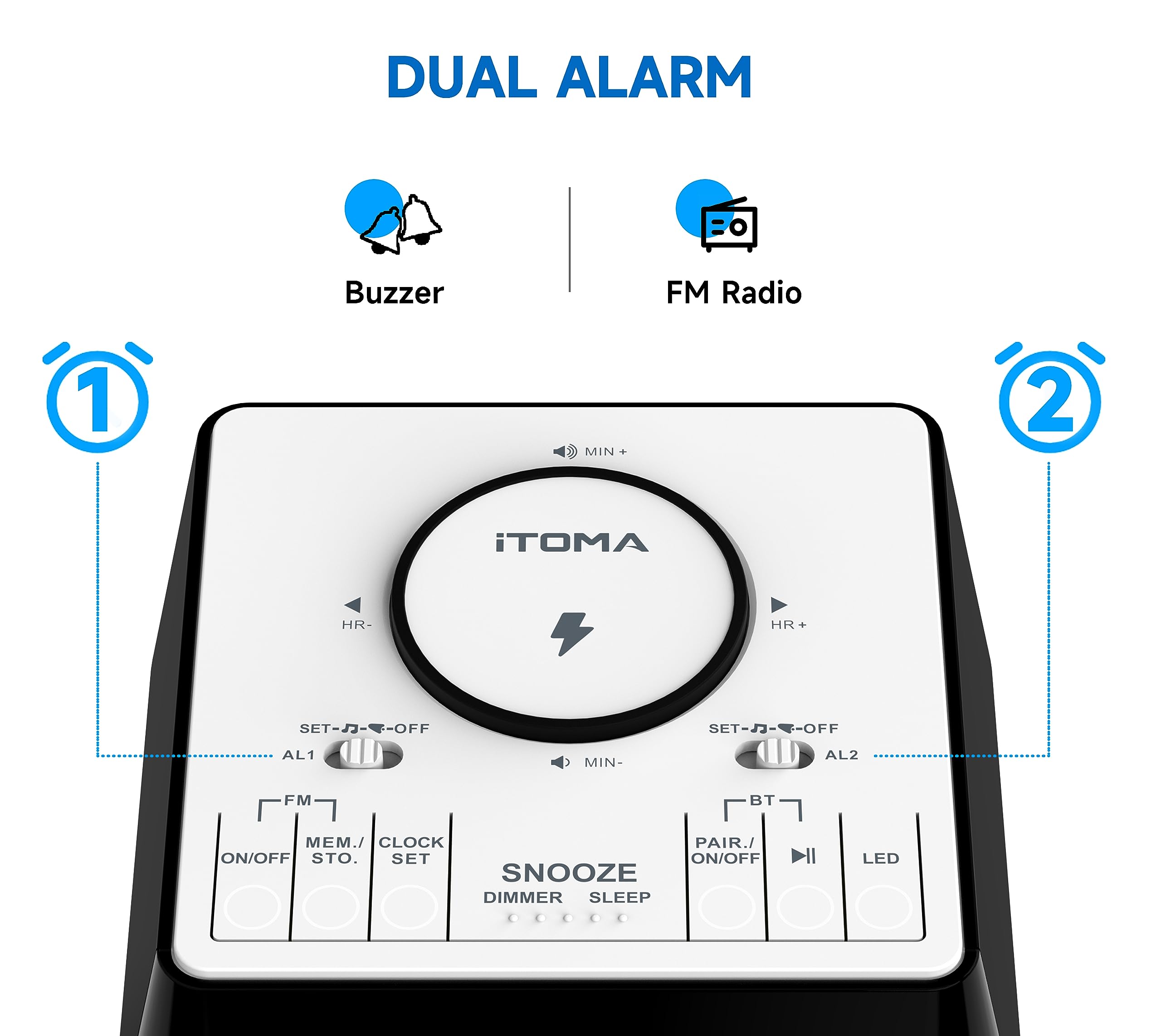 iTOMA Wireless Charging Alarm Clock Radio with Bluetooth Speaker | FM Radio, Dual Alarm & Snooze | USB Charging Port & Night Light | Dimmable Display for Bedroom, Office & Travel (Model 205)
