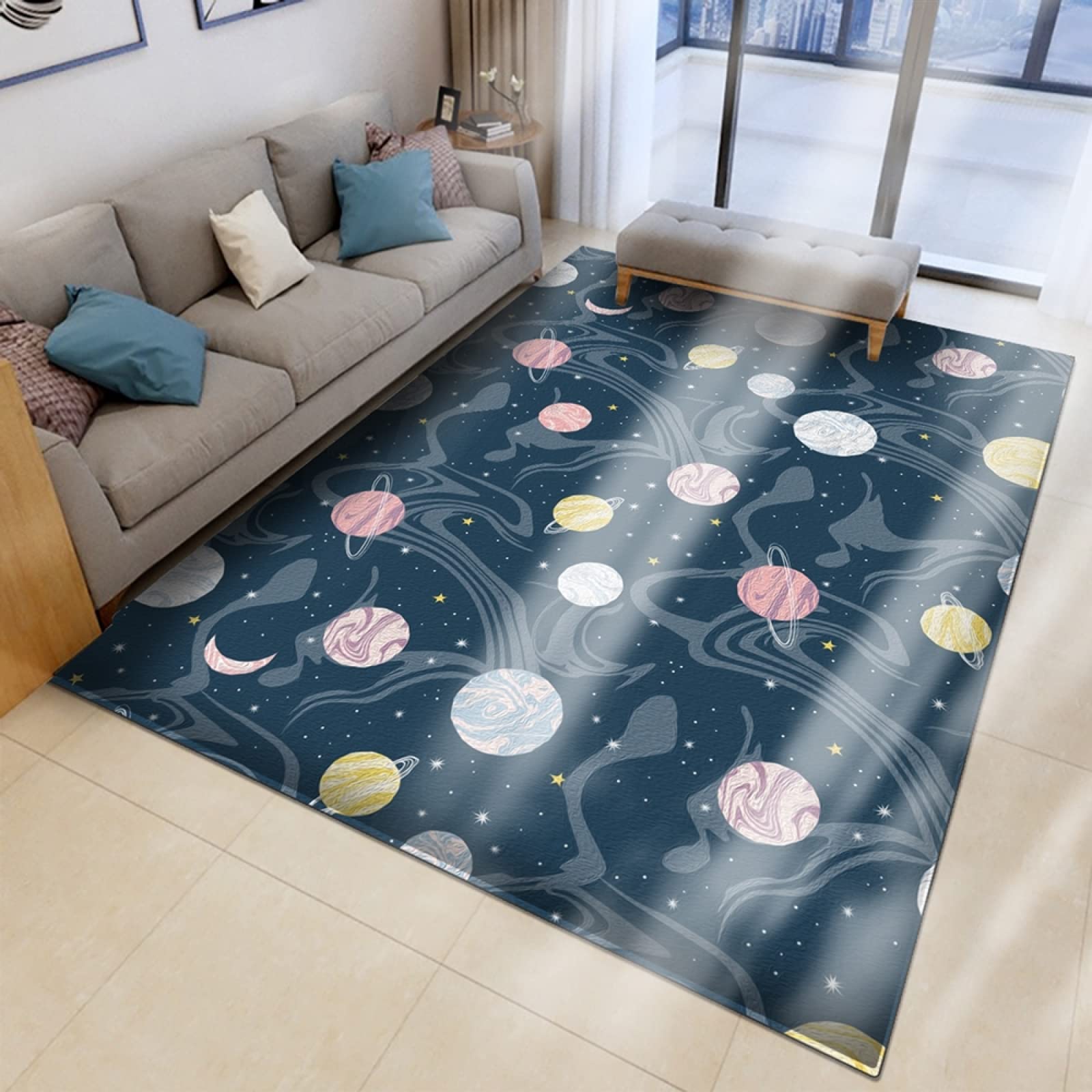 **Soft Fluffy Moon Star Area Rug 5x8ft - Non-Slip Machine Washable Durable Living Room Rug for Bedroom, Study & Dining Room - Perfect for Cozy Home Decor & Kids Play Area**