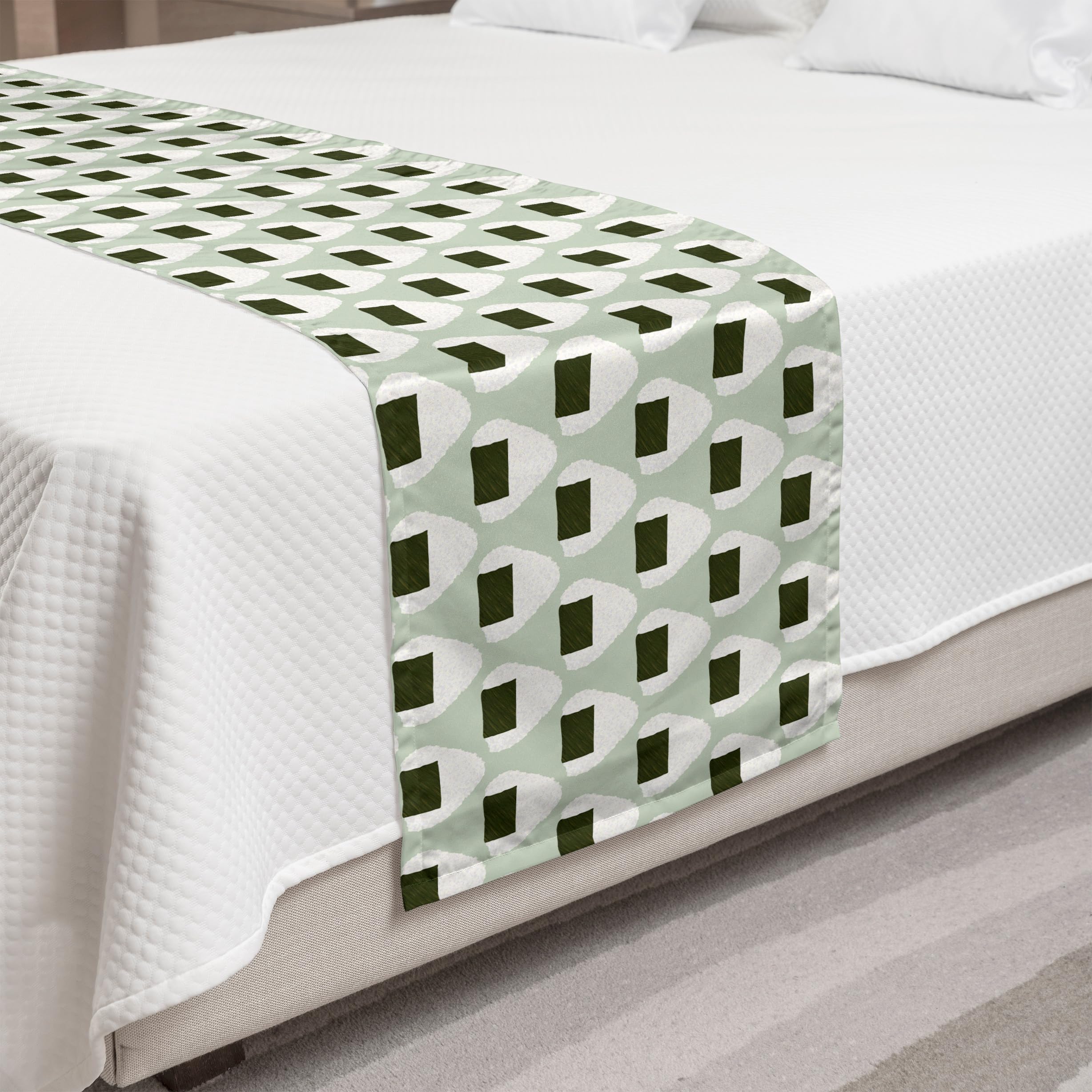 Ambesonne Abstract Bed Runner - Japanese Onigiri Rice Balls Pastel Snack Hipster Design - Decorative Bed Scarf for Hotels, Homes & Guest Rooms in Pale & Dark Green - Perfect for Boho Bedroom Decor, Airbnb Styling & Cozy Home Accents