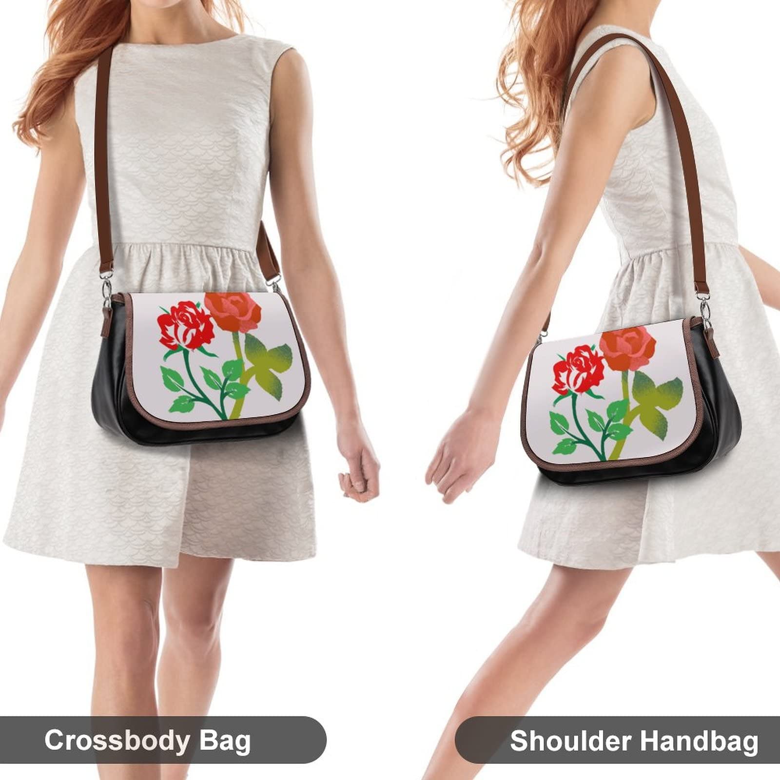 Printed Shoulder Crossbody Bag - Genuine Leather Hobo Purse for Women with Top Handle - Medium Size Satchel in Red Rose Floral Design | Perfect for Work, Travel & Everyday Use