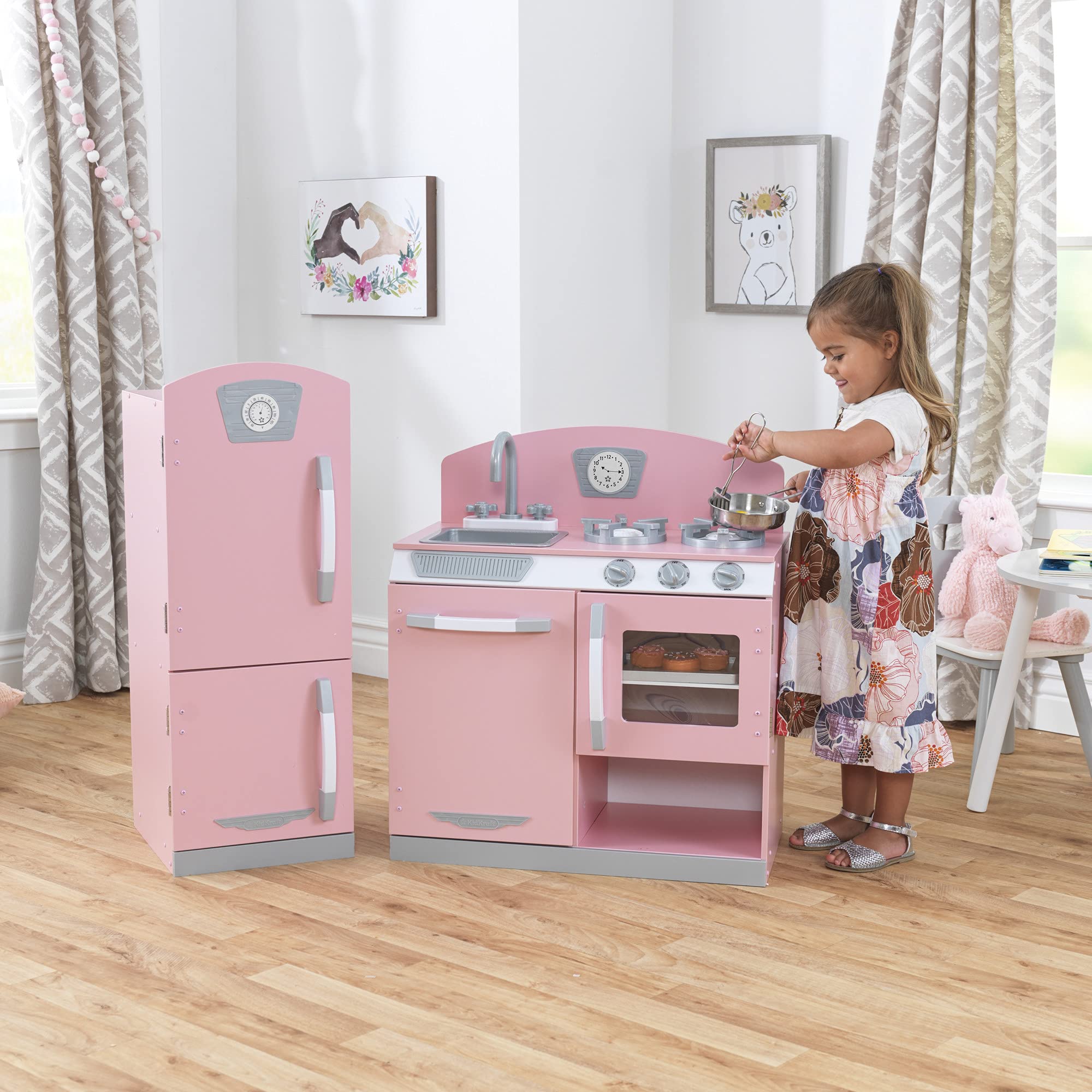 KidKraft Retro Wooden Play Kitchen and Refrigerator Set - Pink Pretend Play Toy with Faucet, Sink, Burners & Working Knobs - Gift for Kids Ages 3+ | Perfect for Imaginative Play, Birthday Gifts & Preschool Learning