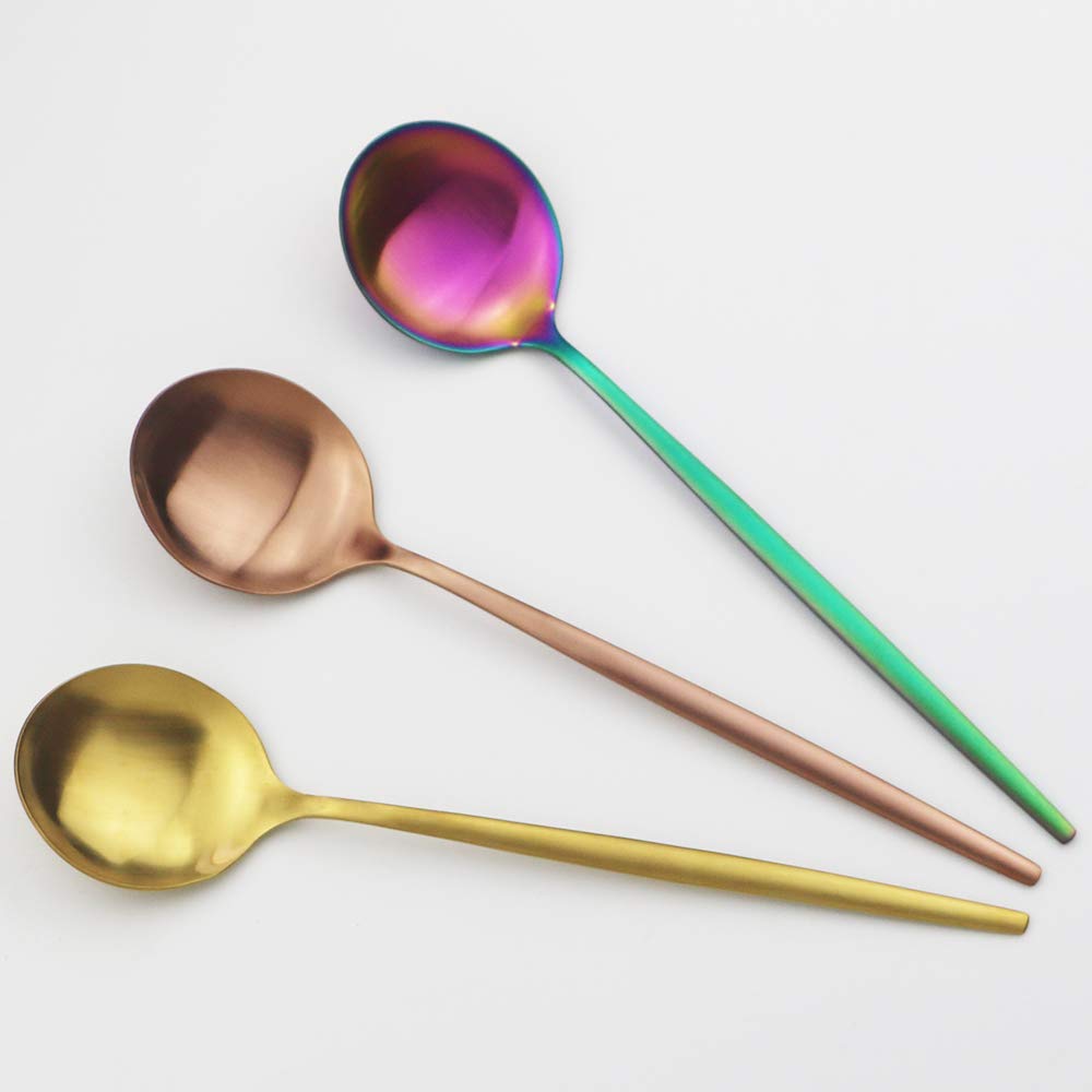 6Pcs Matte Rainbow Colored Stainless Steel Dinner Spoons Set - Long Handle Soup, Dessert, Rice & Porridge Spoons (8.26