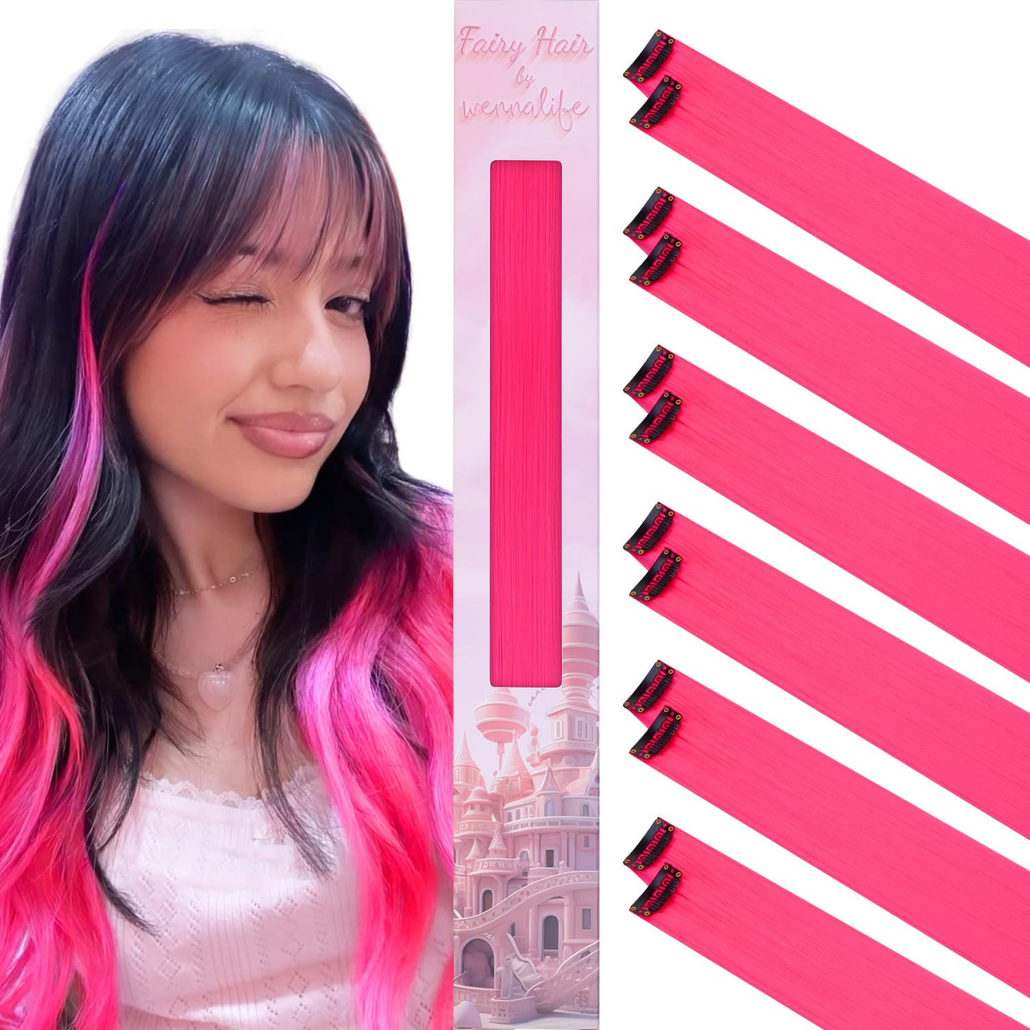 WENNALIFE 12 PCS Hot Pink Clip-in Hair Extensions for Kids - Synthetic Straight Rainbow Hair Highlights for Girls | Perfect for Parties, Cosplay & Colorful Hairstyles