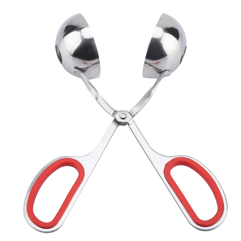 Non-Stick Stainless Steel Meatball Scoop & Ice Tongs - Rice Ball Maker, Cookie Scoop with Anti-Slip Rubber Handle (Red) - Perfect for Cooking, Baking, and Serving Meatballs, Ice Cubes, Cookies