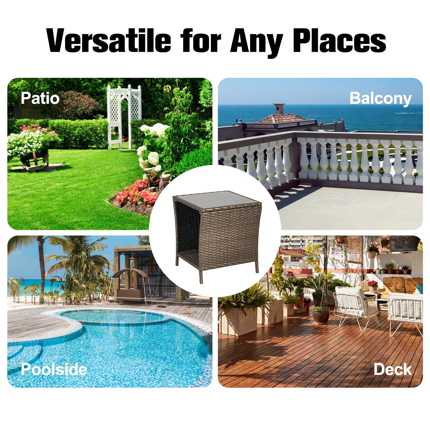 Kinbor Outdoor Side Table Set of 2 - Wicker Patio Side Tables with Storage Shelf & Tempered Glass Top for Easy Cleaning, Dark Blonde - Perfect for Poolside, Garden, Patio, and Balcony Furniture