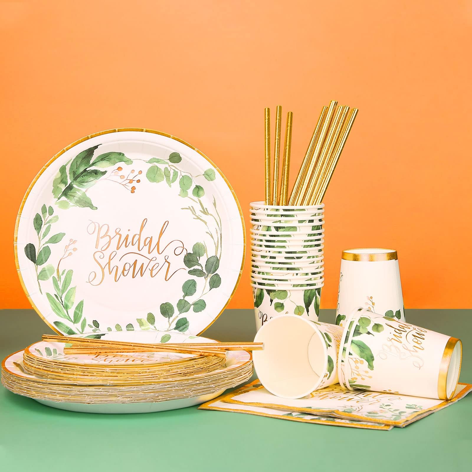 Eco-Friendly 168-Piece Bridal Shower Paper Plates & Napkins Set - Green Wedding Party Decorations for Engagement, Bachelorette & Bridal Showers - Serves 24 Guests - Perfect for Wedding Rehearsal Dinners & Bridal Tea Parties