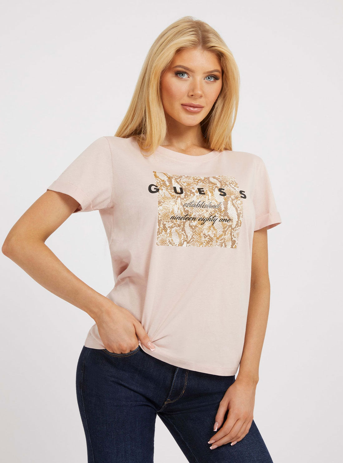Light Pink Python Print T-Shirt - Stylish Women's Graphic Tee for Casual Wear & Street Fashion