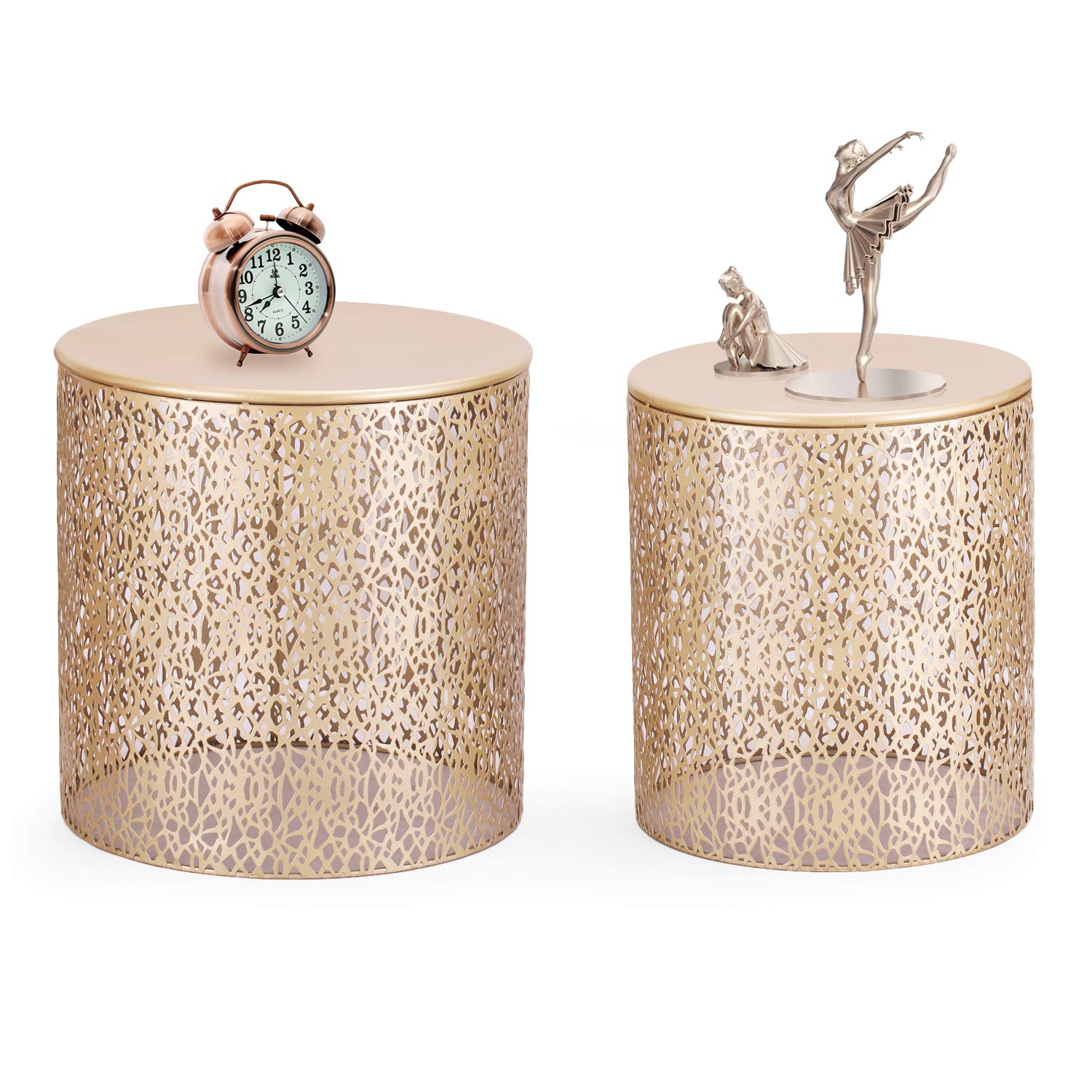 Adeco 2-Piece Metal Accent Table Set - Round Side End Tables, Nightstands, Nesting Coffee Tables, Plant Stand for Living Room, Bedroom, Office & Patio - Champagne Gold - Perfect for Small Spaces, Home Decor & Stylish Interior Design