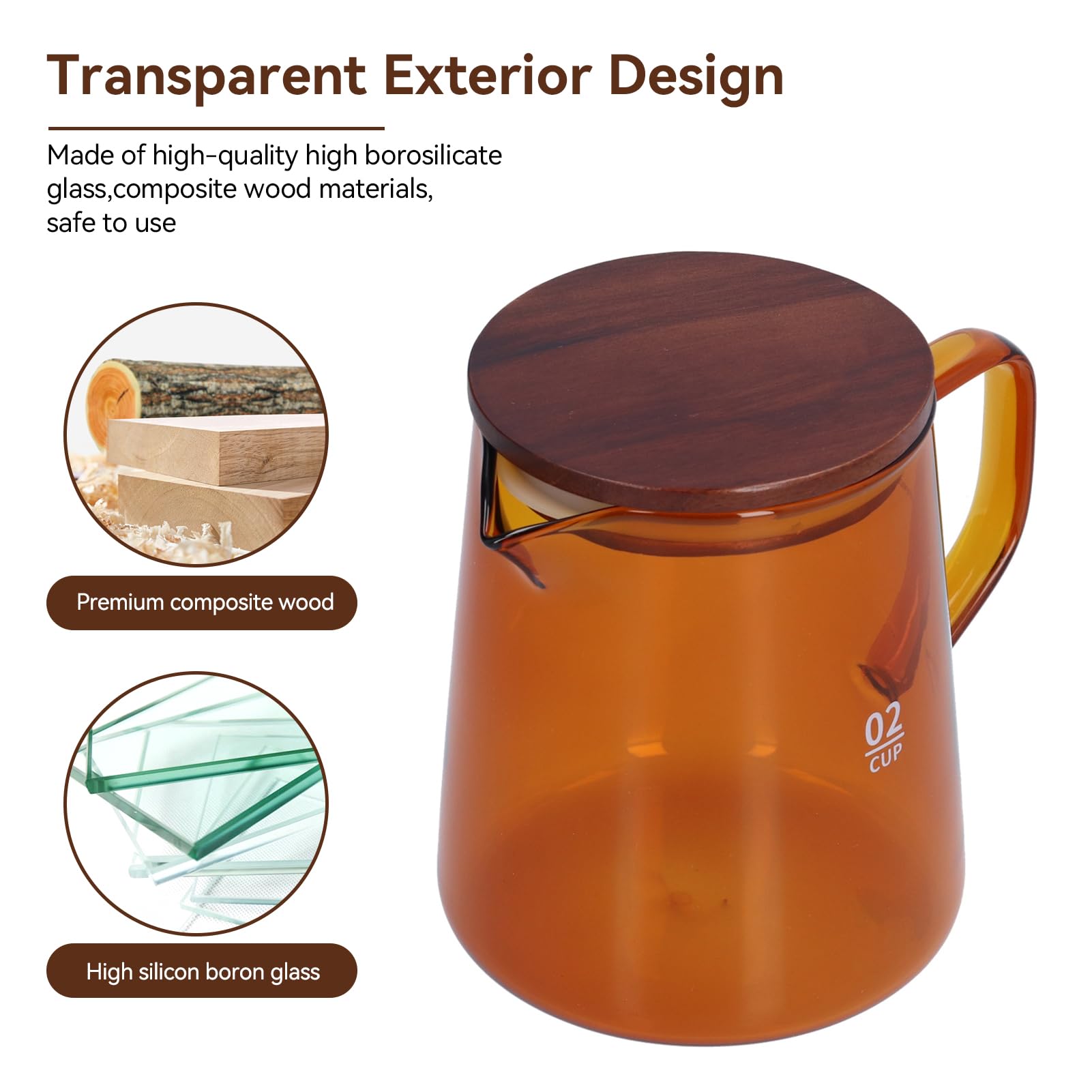 16.9oz Borosilicate Glass Coffee Carafe with Wooden Lid - Drip Coffee Maker Decanter, Manual Pour Over Coffee Server & Tea Steeper - Perfect for Home Brewing, Office Use, and Gift Giving (Brown)