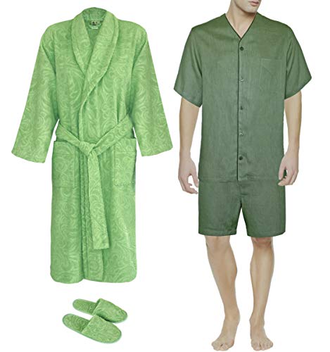 Luxury V-Neck Linen Short Pajama Set with Terry Cloth Robe & Comfort Slippers - European Made Sleepwear for Women - Perfect for Spa Nights, Lounging & Gift Giving