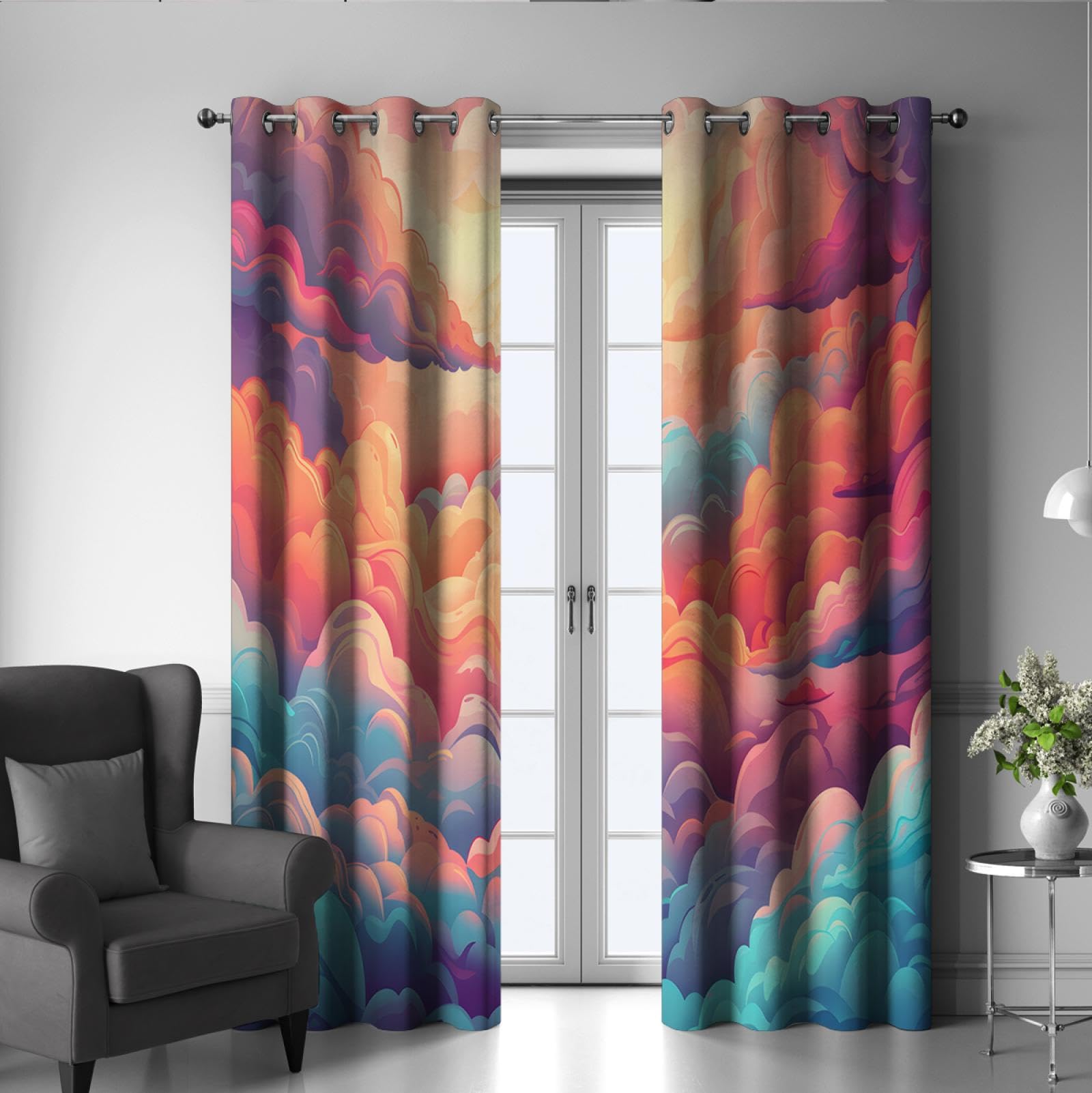Colorful Blackout Curtains for Nursery & Kids Room - Cartoon Style Abstract Dreamy Clouds Design - 80x84 Inch Room Darkening Window Treatment (2 Panels) - Perfect for Baby's Bedroom, Playroom & Daytime Naps
