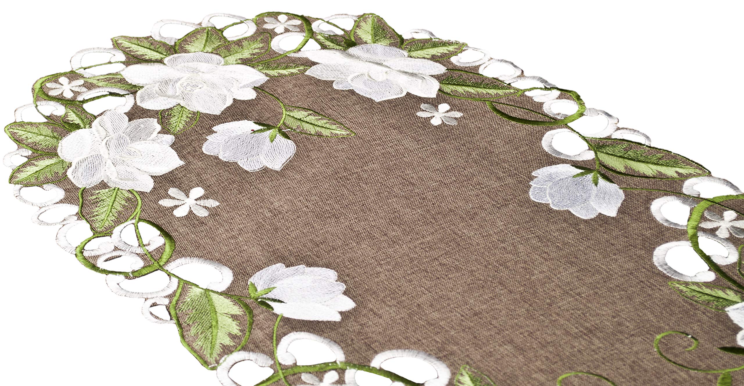 Elegant White Magnolia Floral & Green Leaves Embroidered Cutwork Table Runner - 14x51.5 Inch Brown Polyester Linen Dresser Scarf for Dining Table, Buffet, and Home Decor