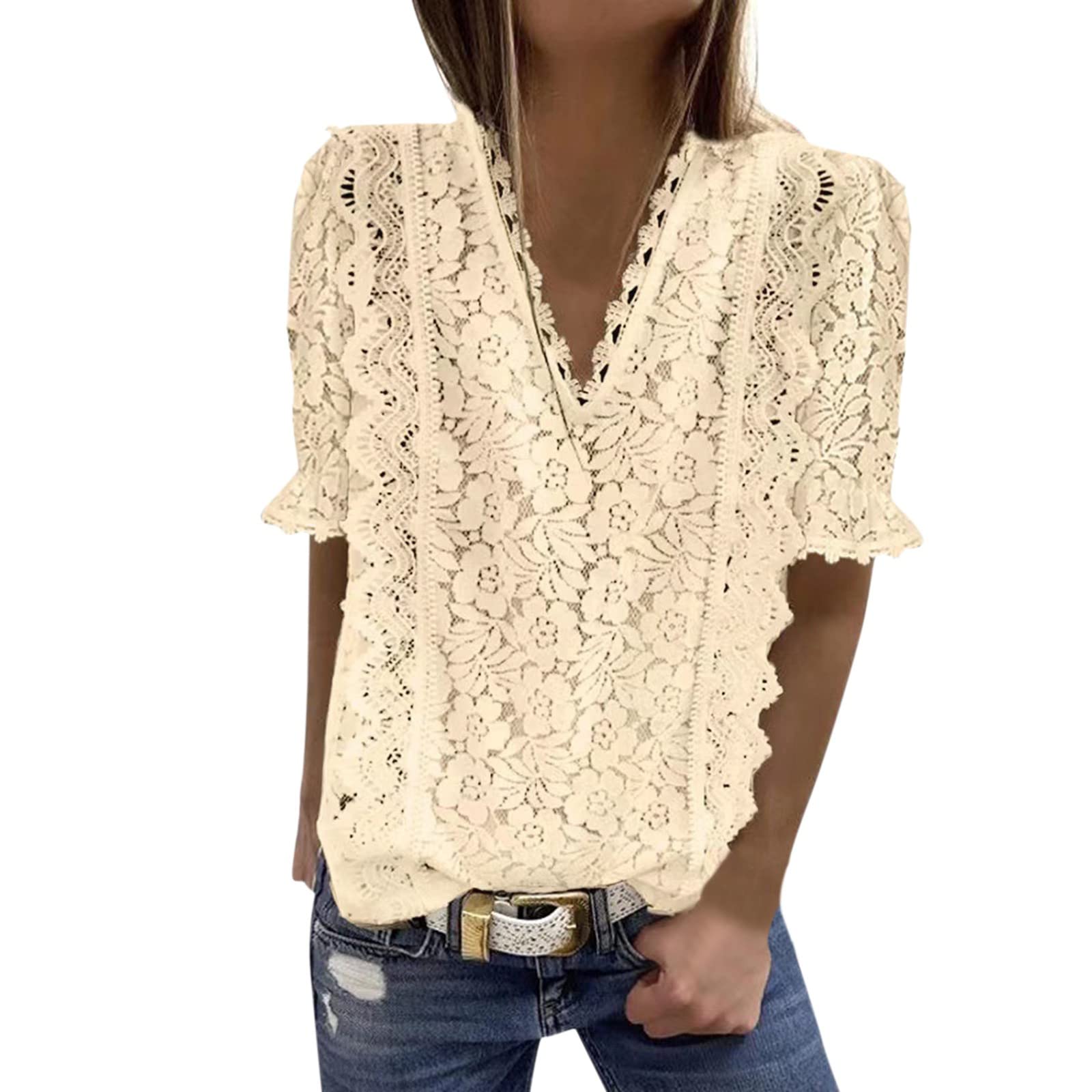Women's Lace V-Neck Tunic Tank Top - Casual Short Sleeve Blouse for Summer | Perfect for Beach, Office & Date Night Outfits