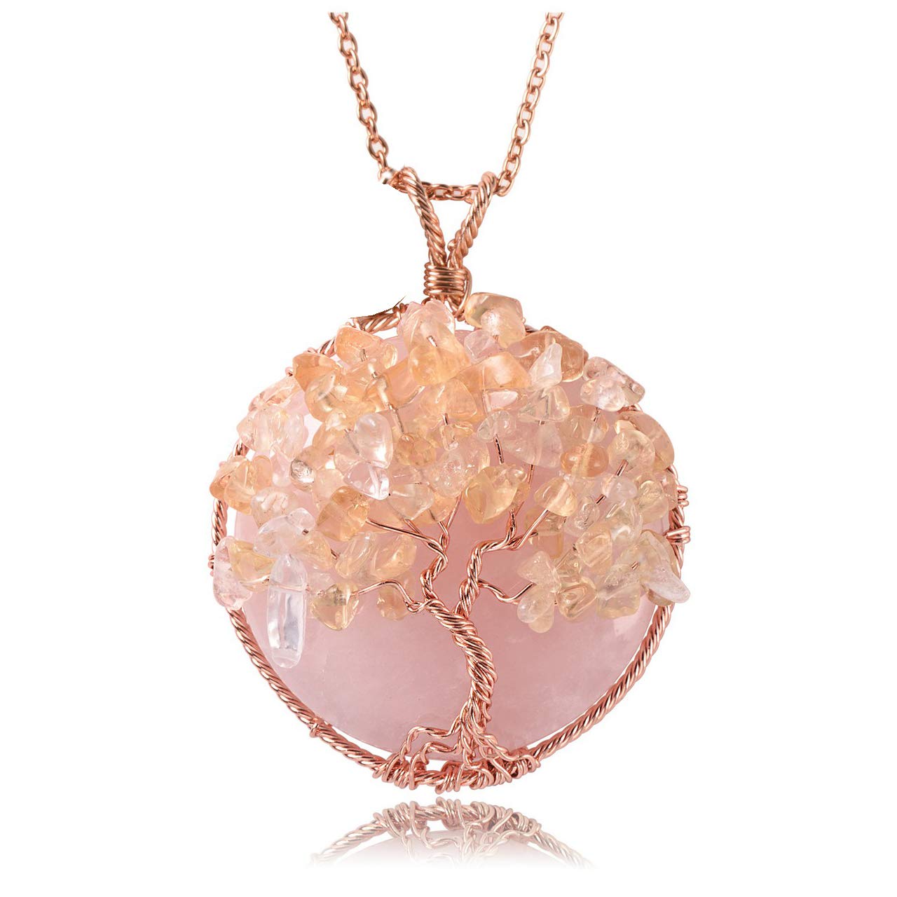 JOVIVI Natural Rose Quartz Tree of Life Necklace - Rose Gold Plated Wire Wrap Crystal Pendant with Healing Chakra Properties | Spiritual Jewelry for Women, Perfect for Mother's Day & Valentine's Gifts | Meditation, Yoga & Energy Balancing Accessory