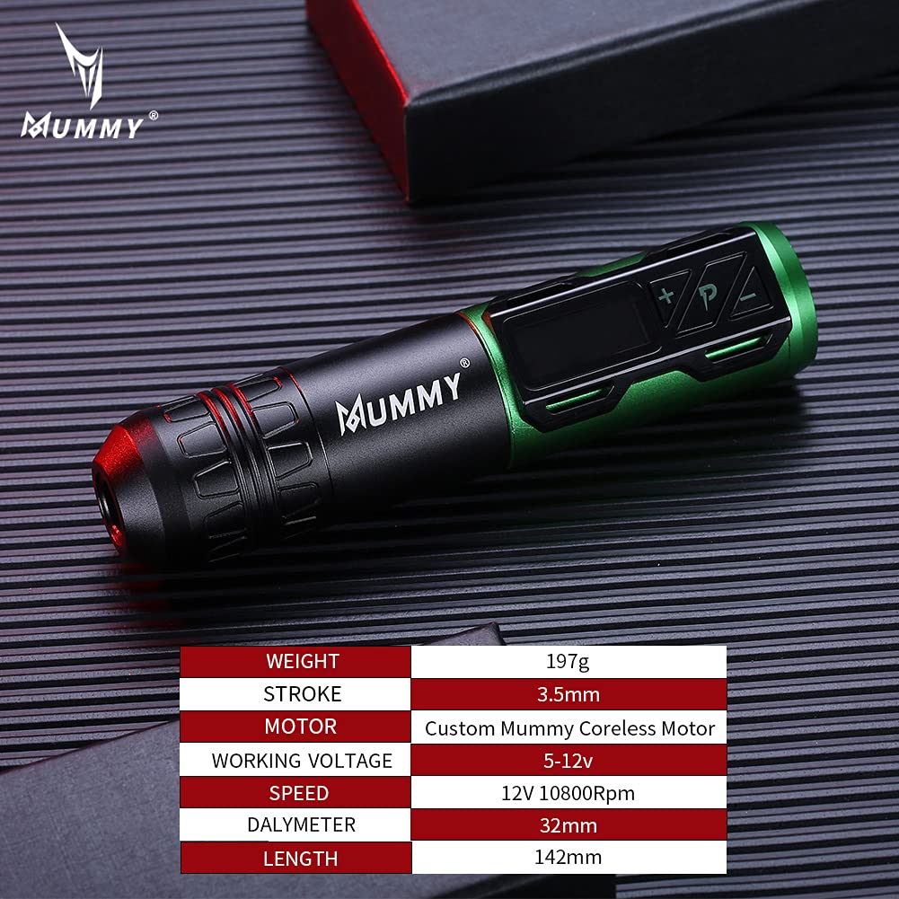 Professional Rotary Tattoo Pen Machine - 1800mAh Coreless Motor, Digital LED Display, Mummy Cartridge Compatible (Green) | Ideal for Tattoo Artists, Beginners & Professional Tattoo Supplies
