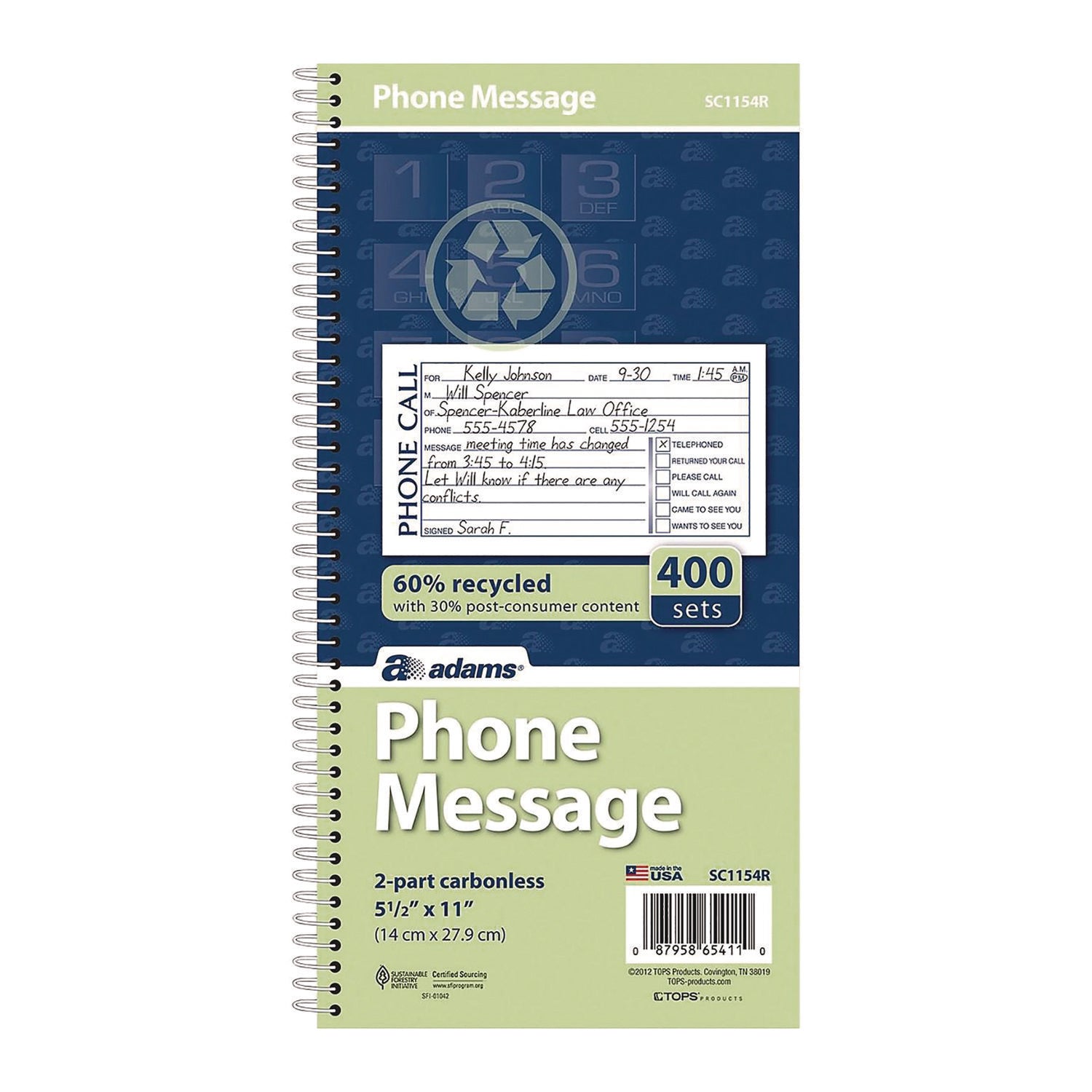 Adams® Wirebound Telephone Message Book - 2-Part Carbonless, 4.75