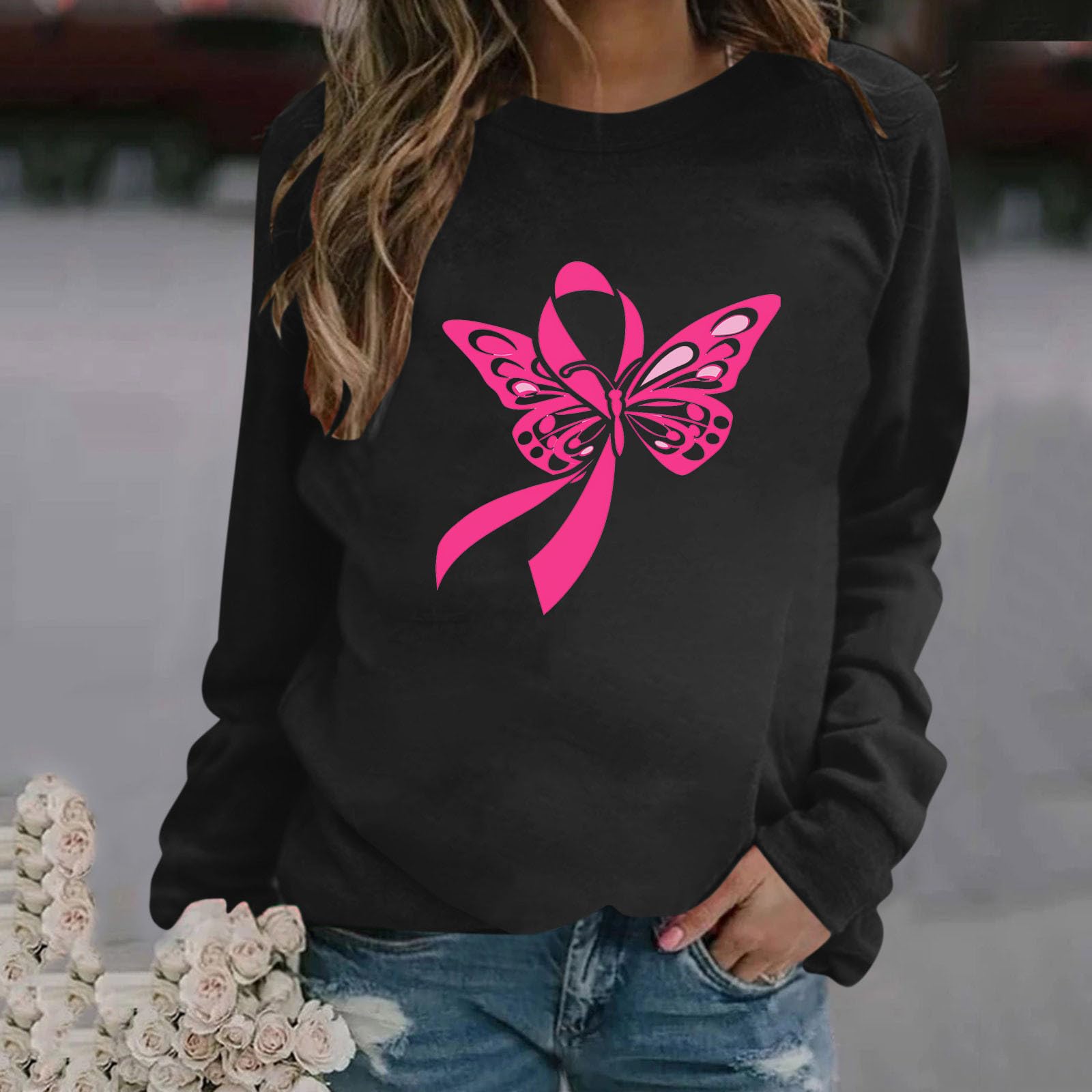 Women's Breast Cancer Awareness Sweatshirt - October Pink Ribbon Graphic Pullover Top - Funny Cute Shirt for Support & Fundraising Events