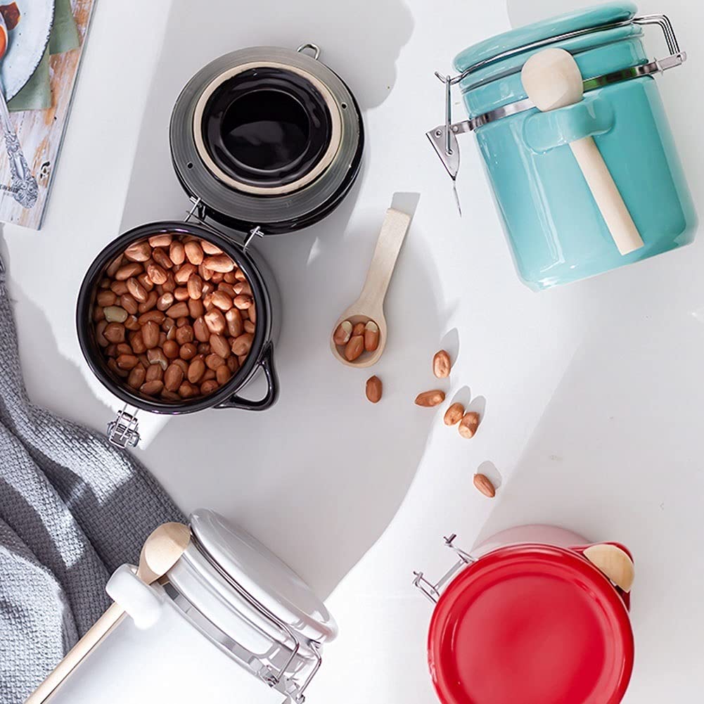 Airtight Ceramic Storage Jars for Coffee, Tea & Sugar - 4-Pack Kitchen Food Containers with Clip Top Lid | Perfect for Pantry Organization, Coffee Bean Storage & Tea Caddy | Glazed Round Canisters for Freshness & Aroma Preservation