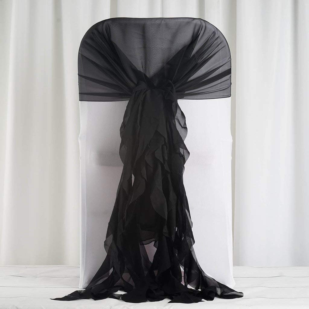 50 Premium Black Curly Chiffon Chair Covers with Sashes - Elegant Wedding, Party & Reception Decorations - Perfect for Banquets, Ceremonies, and Special Events