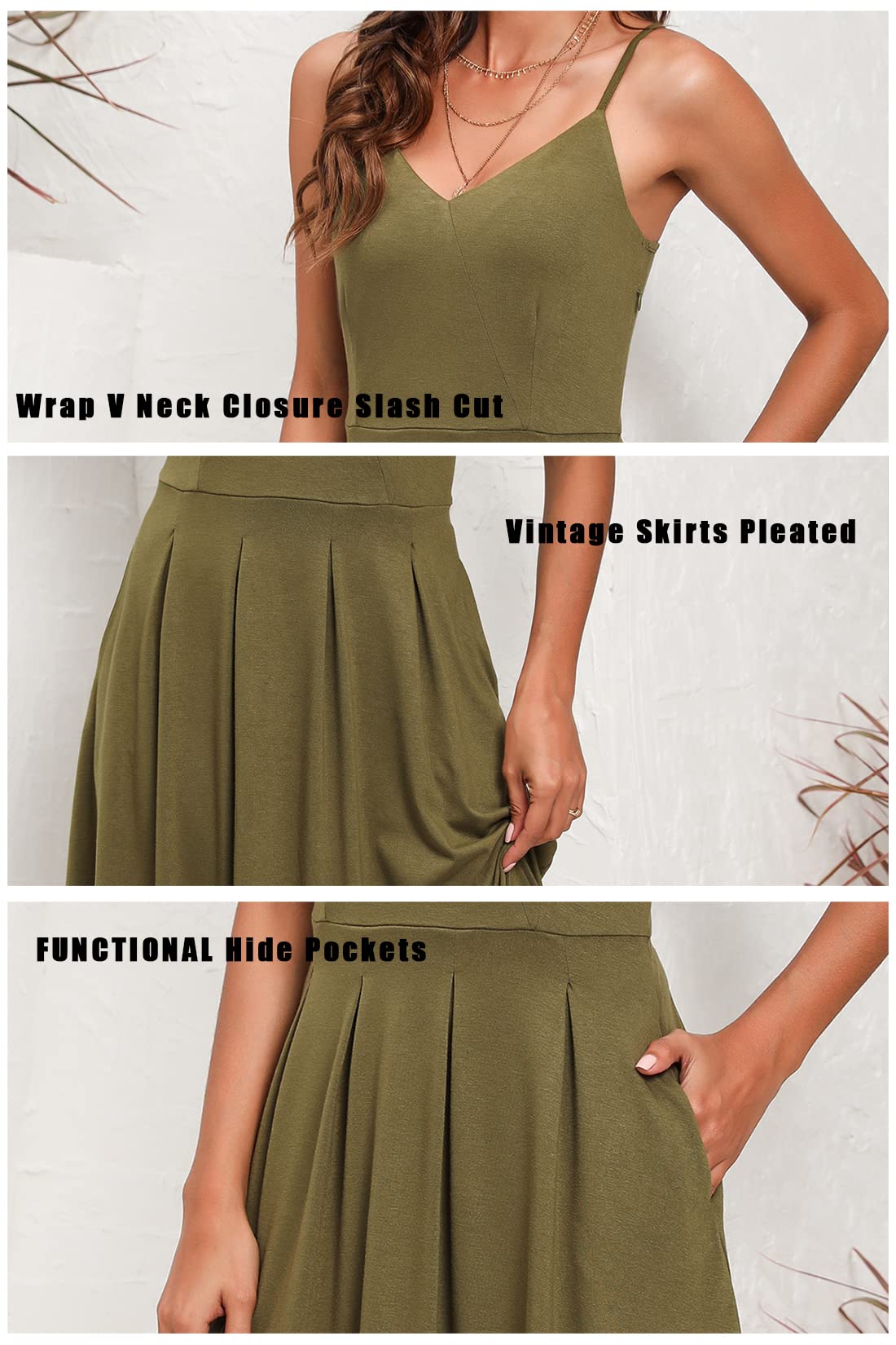 Sureple Women's Summer Casual Beach Dress - Sleeveless A-Line Pleated Swing Midi Dress with Spaghetti Straps & Pockets | Perfect for Beach Vacations, Pool Parties & Outdoor Brunch