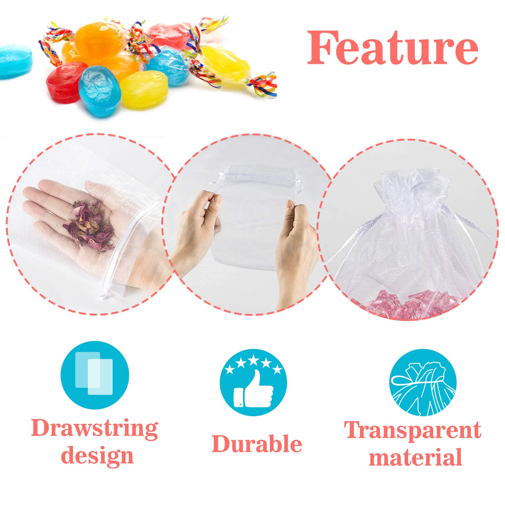 100PCS 5x7 Inch White Organza Bags - Small Drawstring Jewelry Gift Favor Bags for Wedding, Birthday, Christmas, Halloween, Eid Mubarak | Perfect for Candy, Fruit, Party Favors, and Small Gifts Wrapping
