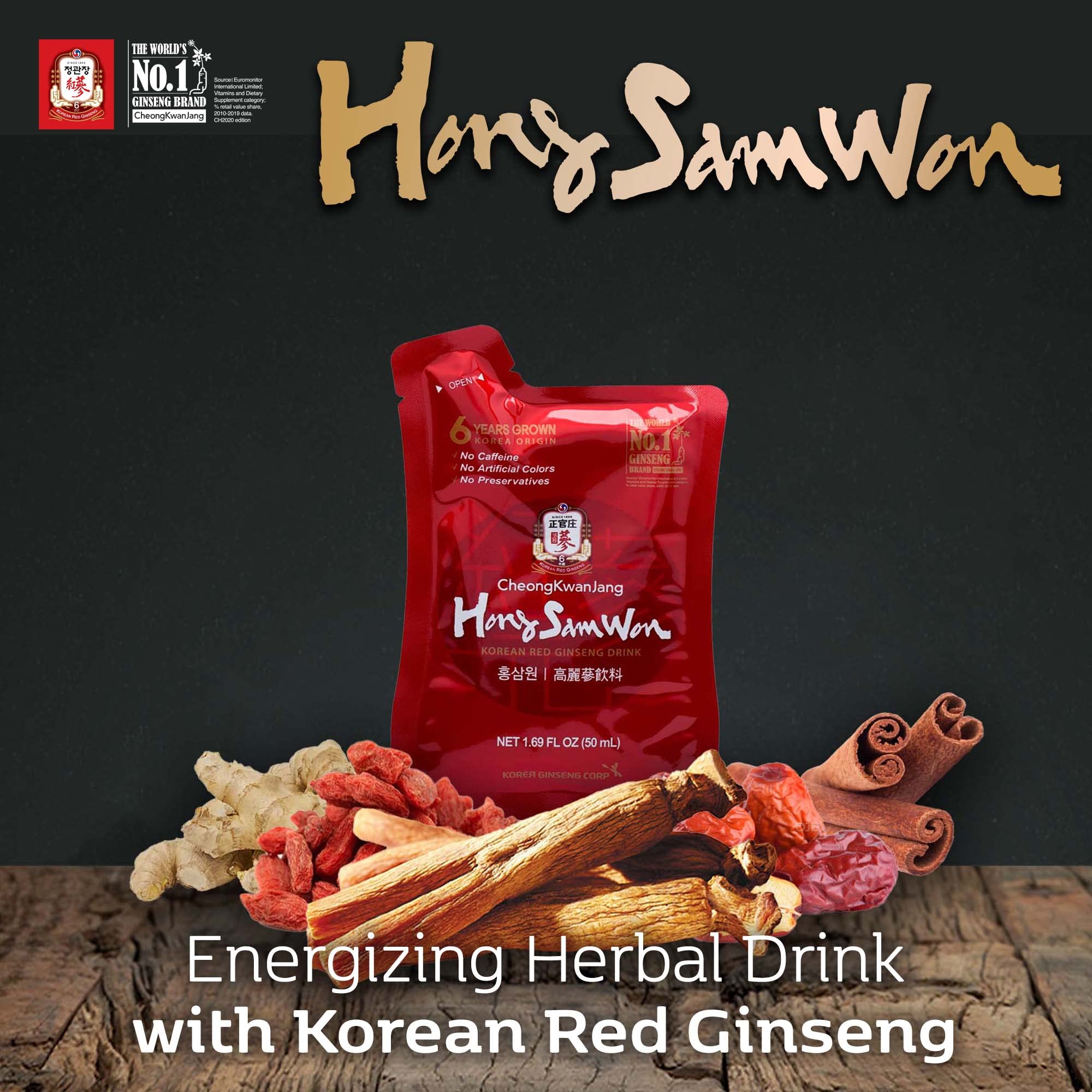 CheongKwanJang Korean Red Ginseng Energy Drink with Ginger, Goji Berry & Cinnamon | Herbal Tea for Pre-Workout Boost, Productivity & Circulation | 60 Pouches | Great for Office, Gym & Study Sessions