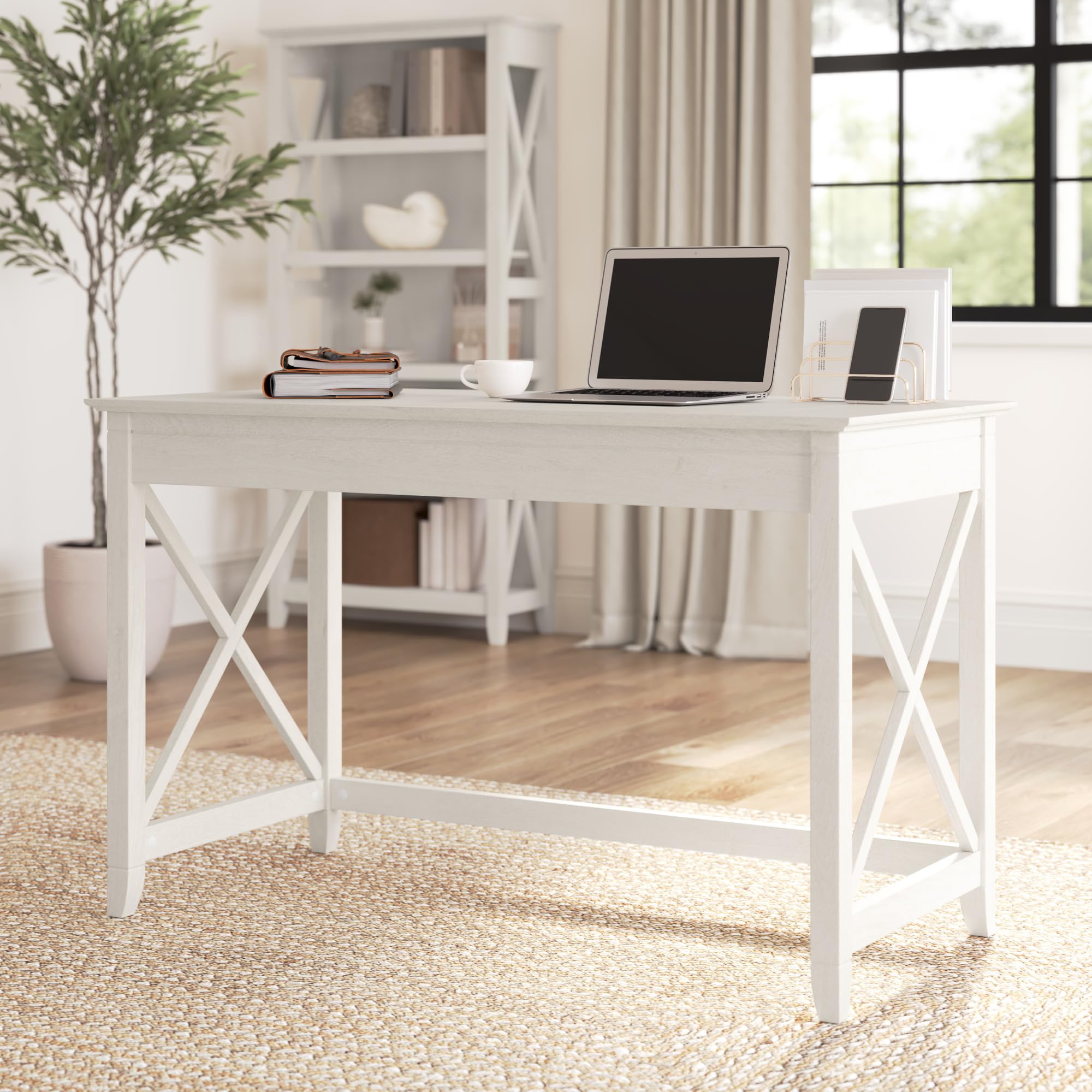 Bush Furniture Key West Collection Writing Desk - Small Modern Farmhouse Style Home Office Desk in Linen White Oak | Perfect for Remote Work, Study & Small Spaces