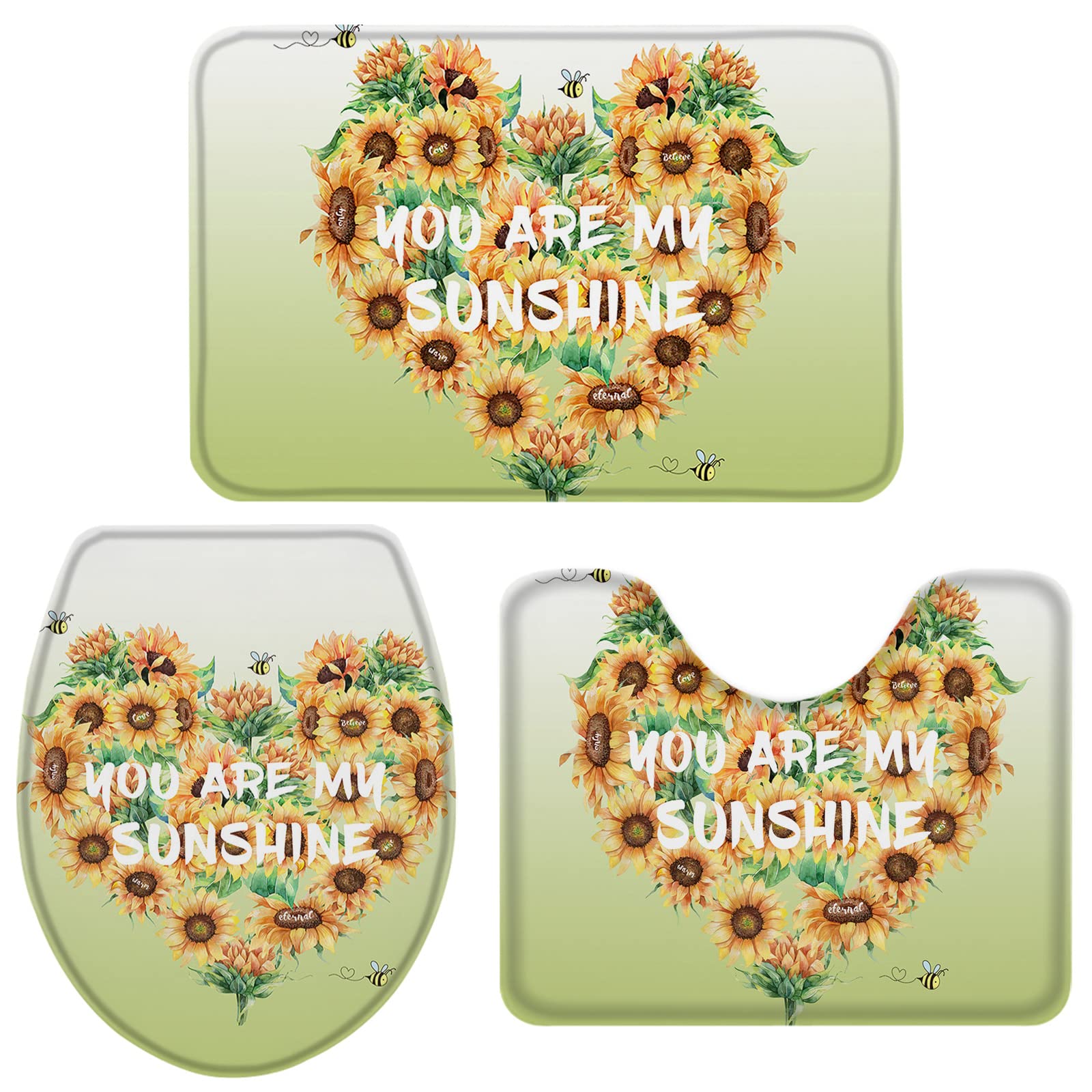 3Pcs Sunflower Bathroom Rugs Set - Non-Slip Heart Shaped Bath Mat with Toilet Cover for Cozy Home Decor