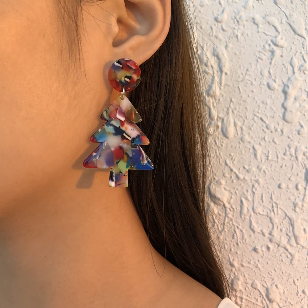 Lightweight Acrylic Christmas Tree Dangle Earrings for Women - Festive Holiday Drop Earrings with Round Triangle Design, Bohemian Retro Jewelry Gift for BFF, Daughter, Sister - Perfect for Christmas Parties, Office Celebrations & Festive Gatherings