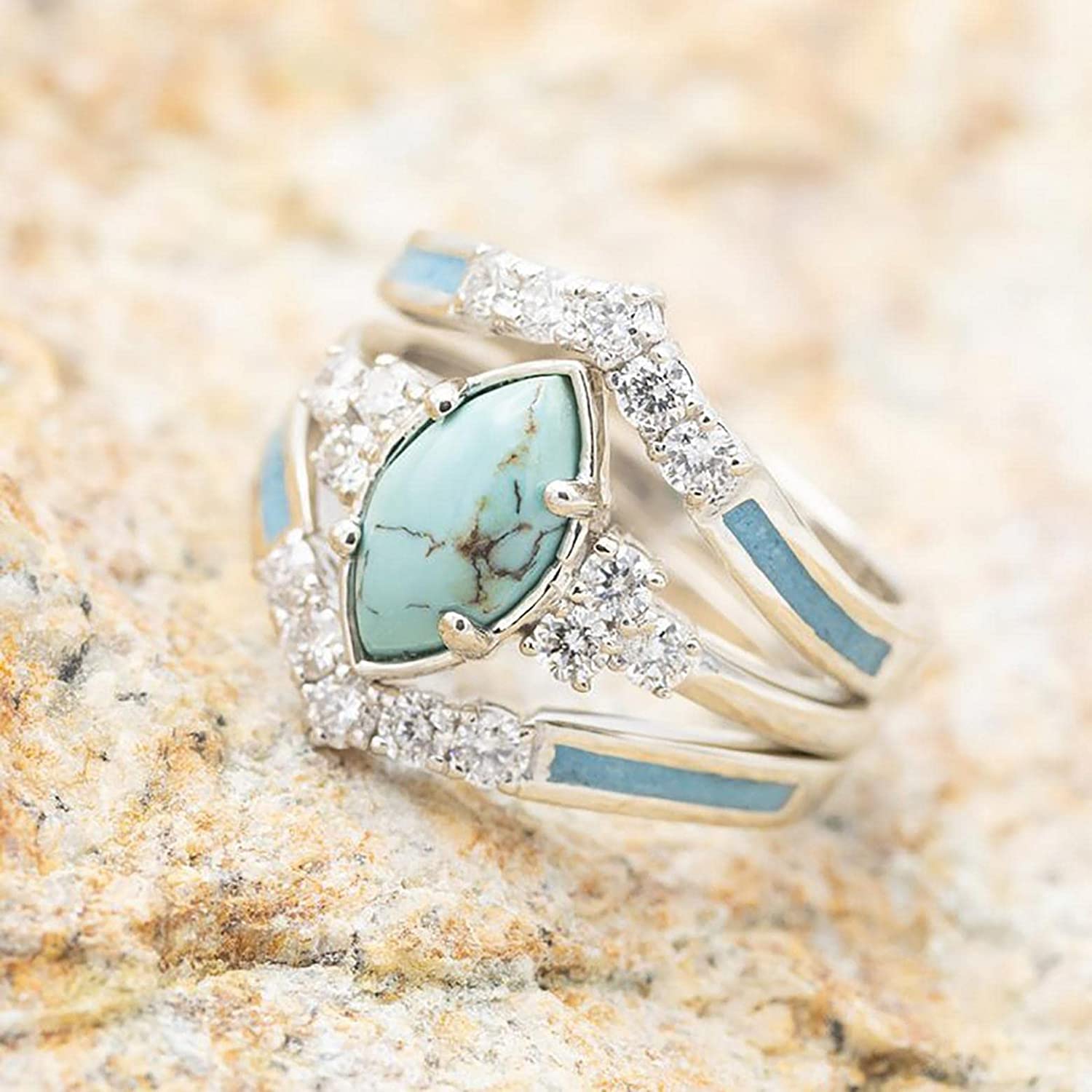 Sterling Silver Natural Turquoise & Diamond Ring Set for Women - 3PCS Stackable Gemstone Rings with Sapphire & Emerald - Elegant Jewelry Gift for Anniversary, Birthday, or Daily Wear (Silver, Size 7)