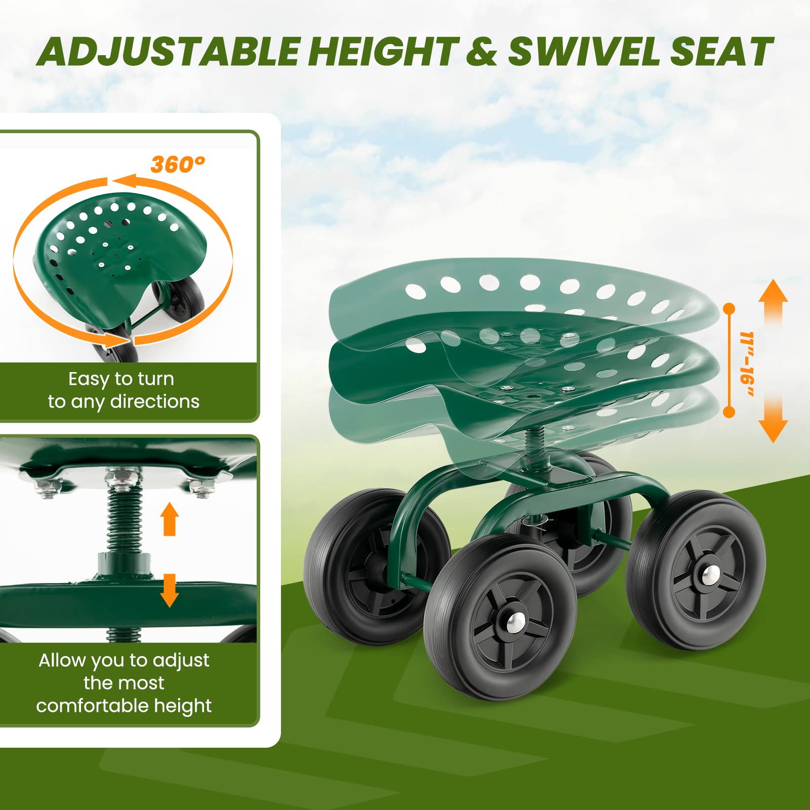 Giantex Heavy Duty Garden Cart with 4 Wheels - 360° Swivel Rolling Work Seat, Adjustable Height Garden Stool & Utility Wagon Scooter for Gardening, Lawn Care, Yard Work, Patio Maintenance | Perfect for Outdoor Chores, Landscaping Projects & Home Improvement Tasks (Green)
