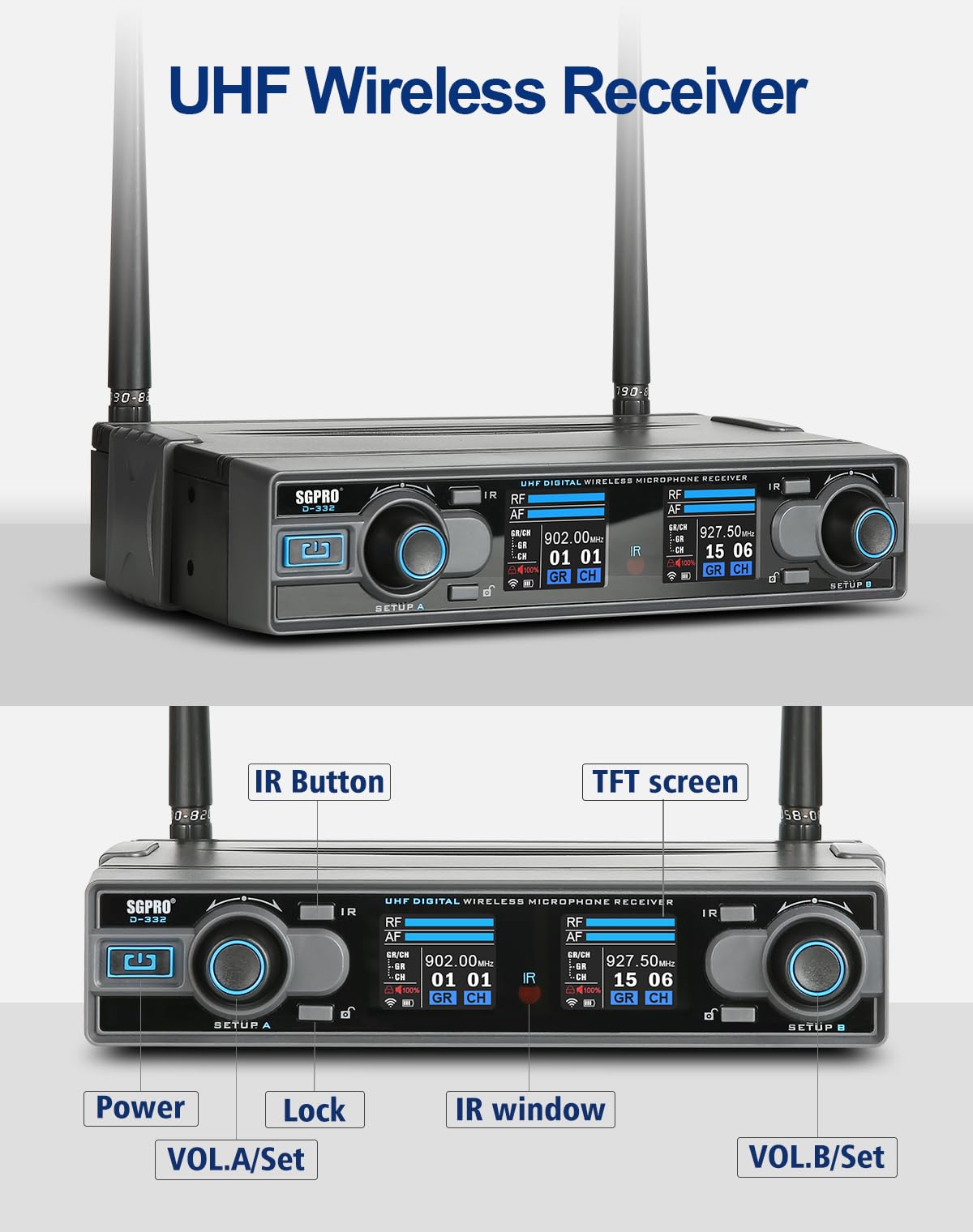 Dual Channel Wireless Microphone System with 2 Bodypack Transmitters, 2 Headset & 2 Lavalier Mics for Live Performance, Recording, Singing & Public Speaking (D-332BB) - Perfect for Churches, Theaters, Podcasts & Presentations