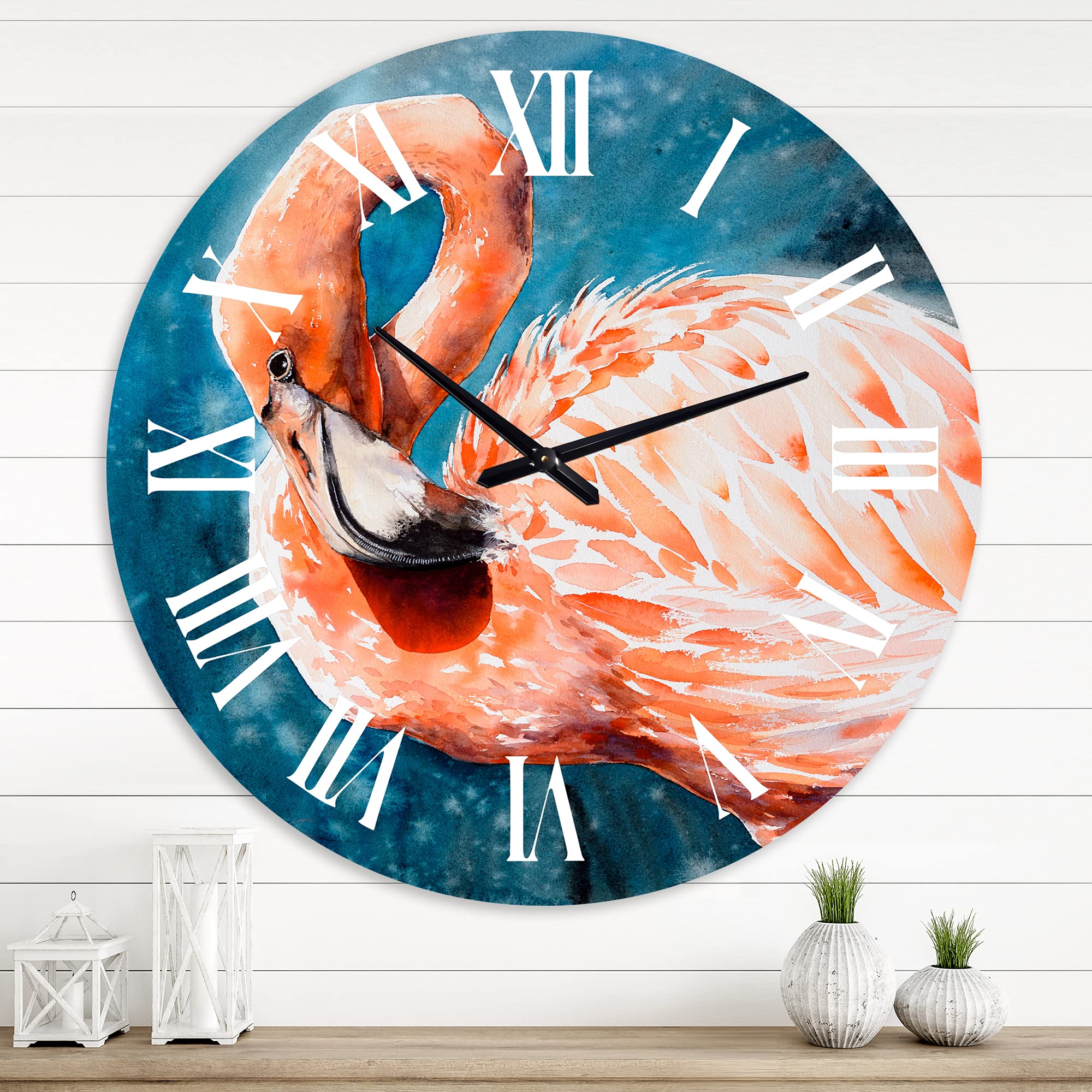 Farmhouse Wall Clock with Pink Flamingos in Blue Water - Large Decorative Wall Clock for Bedroom, Living Room & Kitchen - Rustic Home Decor & Unique Gift Idea