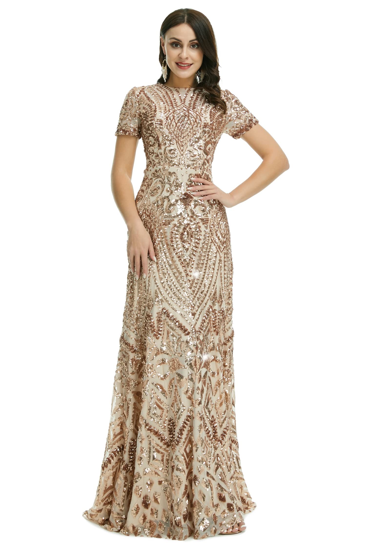 Elegant A-Line Sequined Short Sleeve Evening Dress for Bridesmaid, Prom & Formal Events - Perfect for Weddings, Parties & Special Occasions