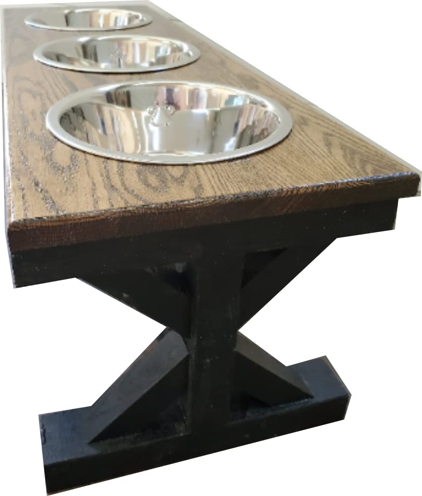 Elevated Dog Bowl Stand with 3 Bowls - Large Oak Raised Feeder for Big Dogs - Perfect for Dining Areas, Kitchens & Outdoor Use
