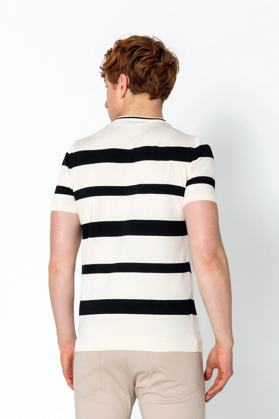 RNT23 Striped Knit T-Shirt for Women - Soft Cotton Crewneck Casual Top in Off White | Perfect for Everyday Wear, Layering & Outfits